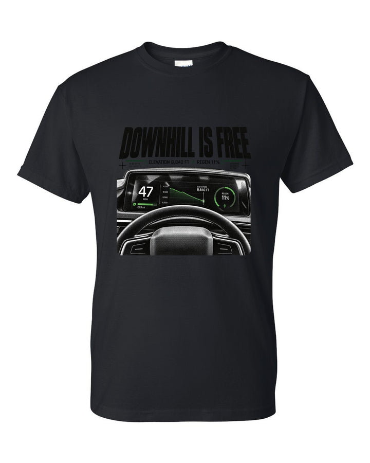 Rivian R1T 2022 cockpit gauge readout with downhill is free, elevation 8,840 ft and regen 11% black t-shirt front view with the design