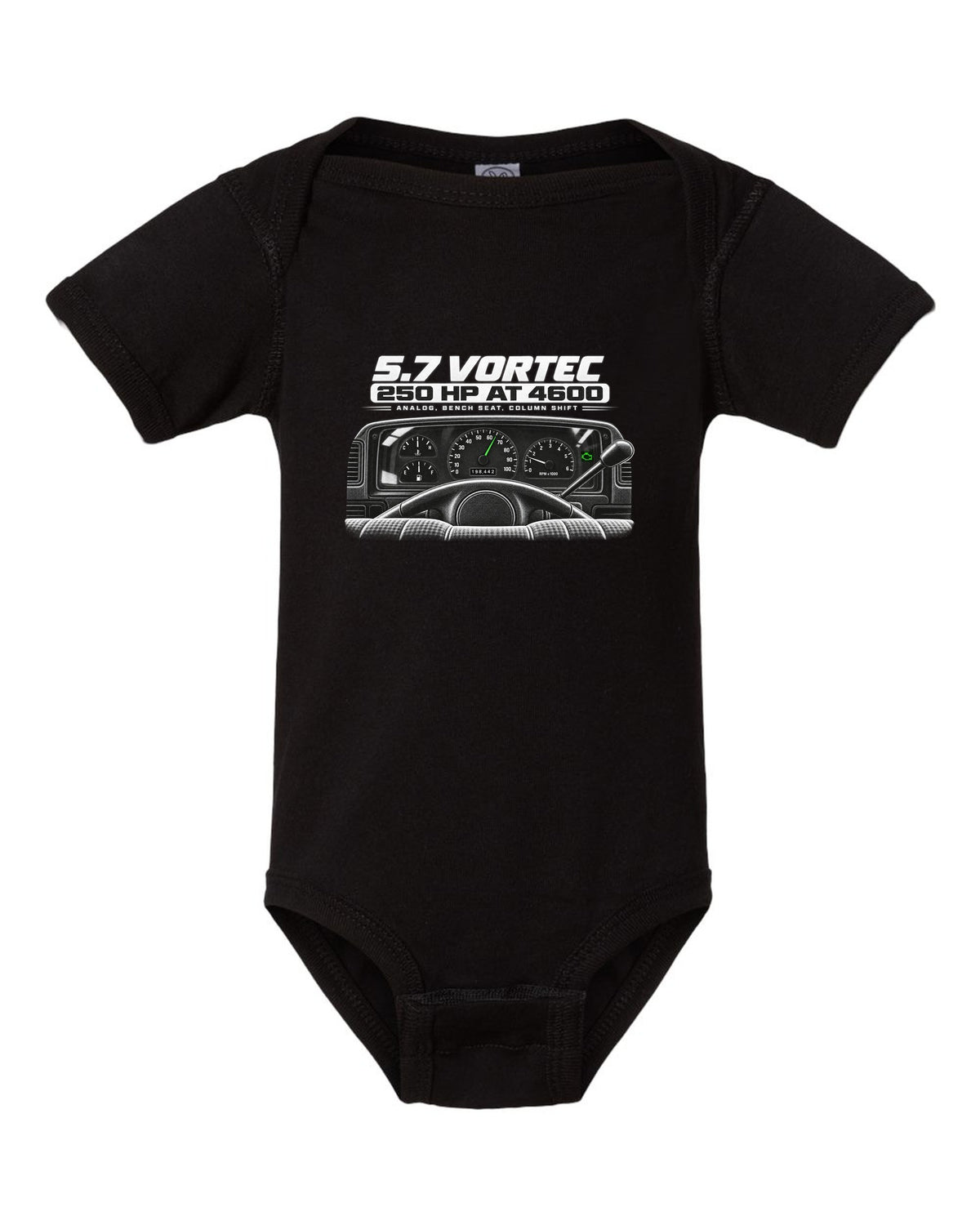OBS Chevy C1500 cockpit and gauge cluster print black baby onesie front view with the design