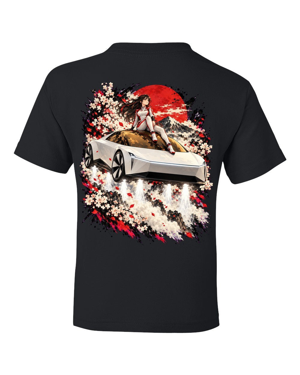 Tesla Roadster Rooftop Anime Girl Kids Tee Black back