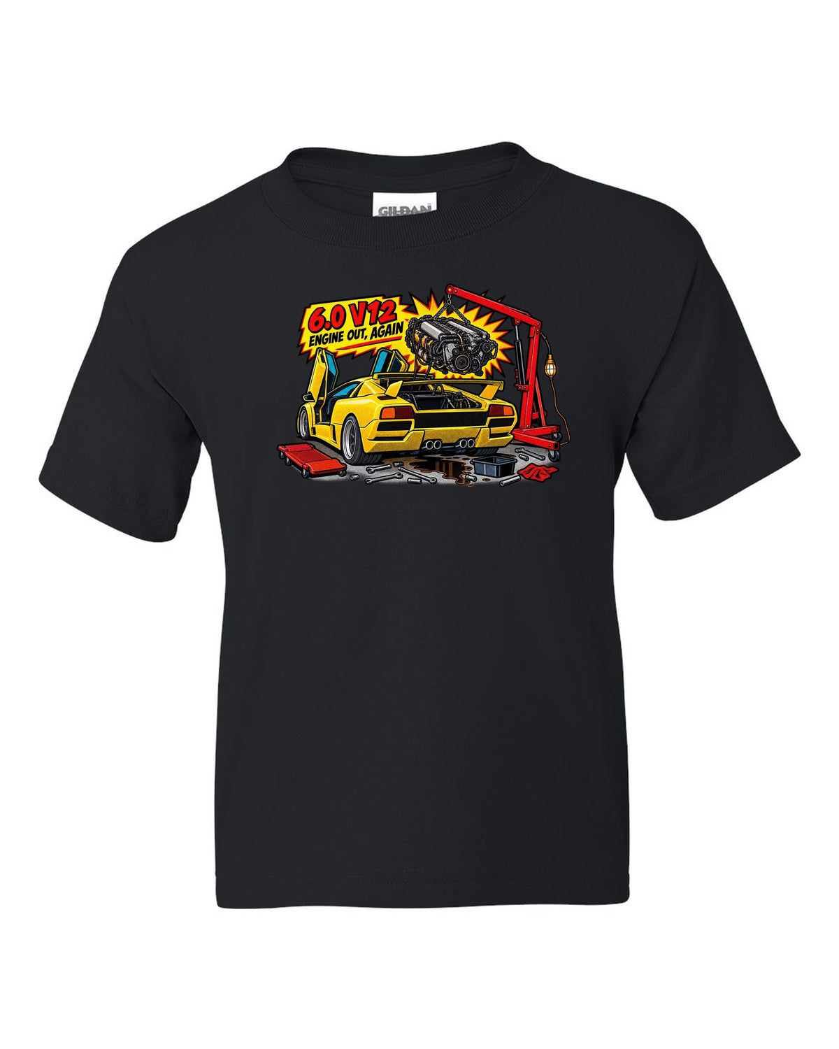 Comic halftone pop-art Lamborghini Diablo GT in a workshop with 6.0 V12 engine out again lettering black kids tee front view with the design