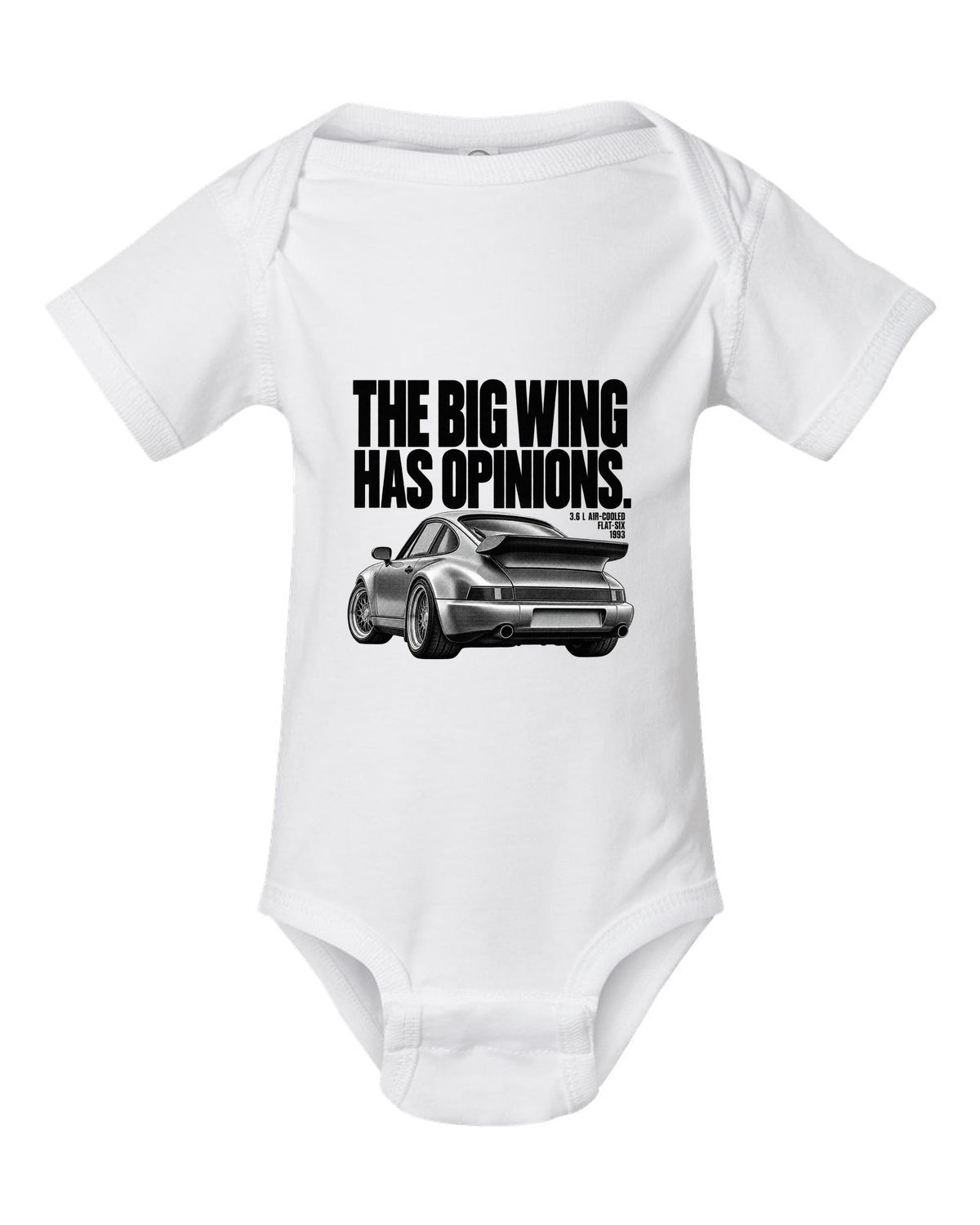 Halftone print of a Porsche 911 Turbo 3.6 964 with whale tail wing white baby onesie front view with the design