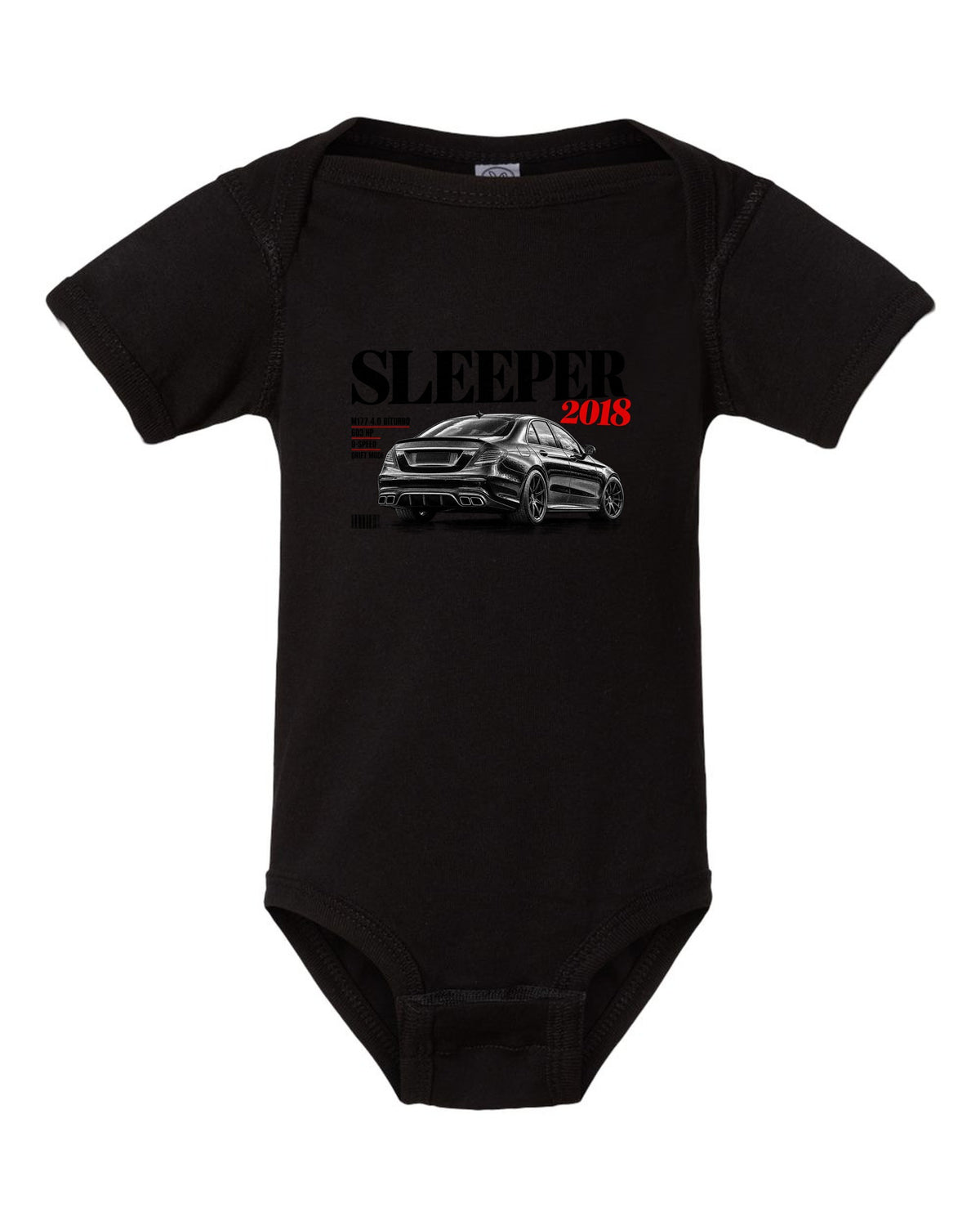 print editorial headline of a Mercedes W213 E63 S M177 with text Sleeper 2018 4.0 Biturbo 603 HP black baby onesie front view with the design