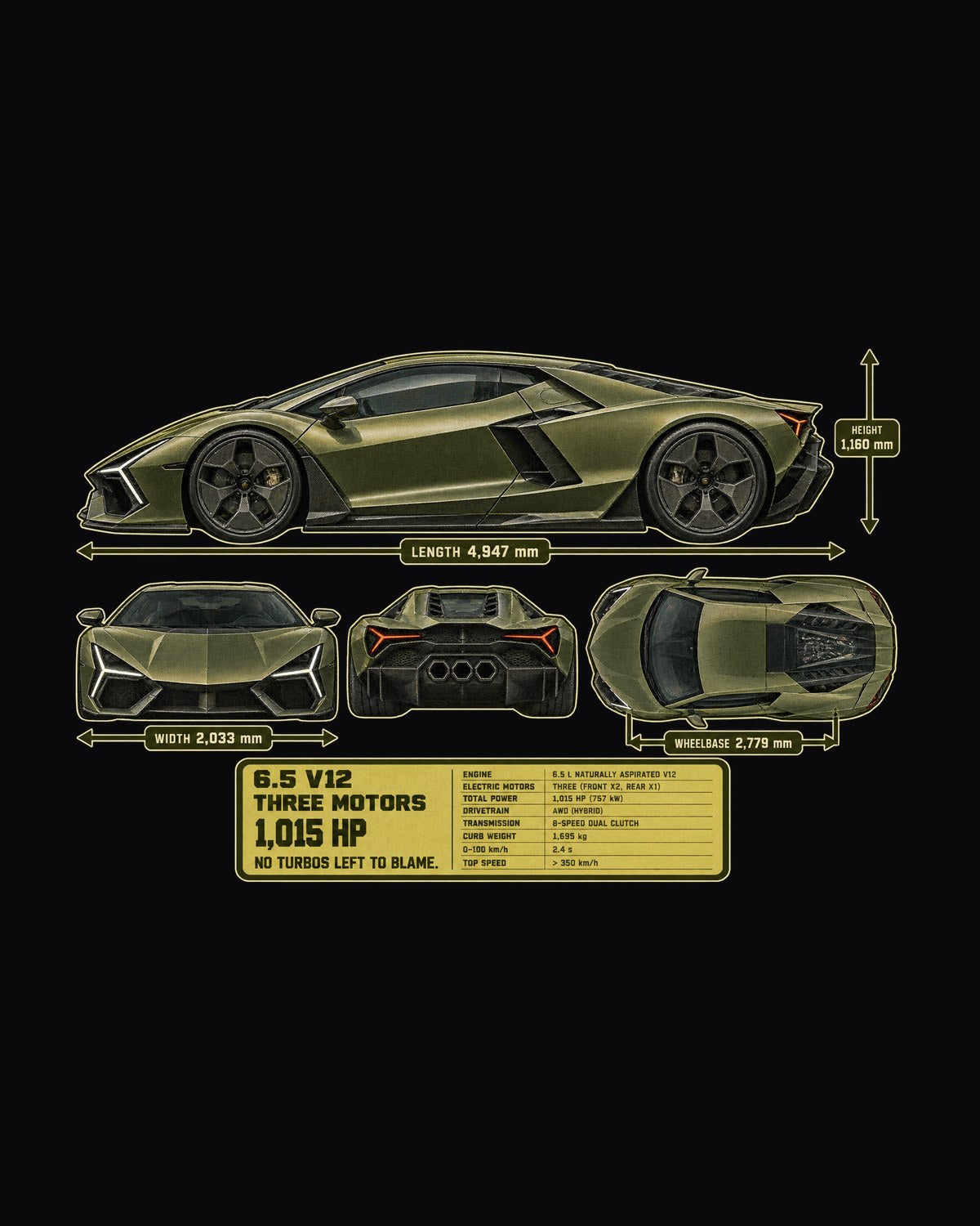 Lamborghini Revuelto Dimension Blueprint Shirt, V12 Hybrid Tee design only