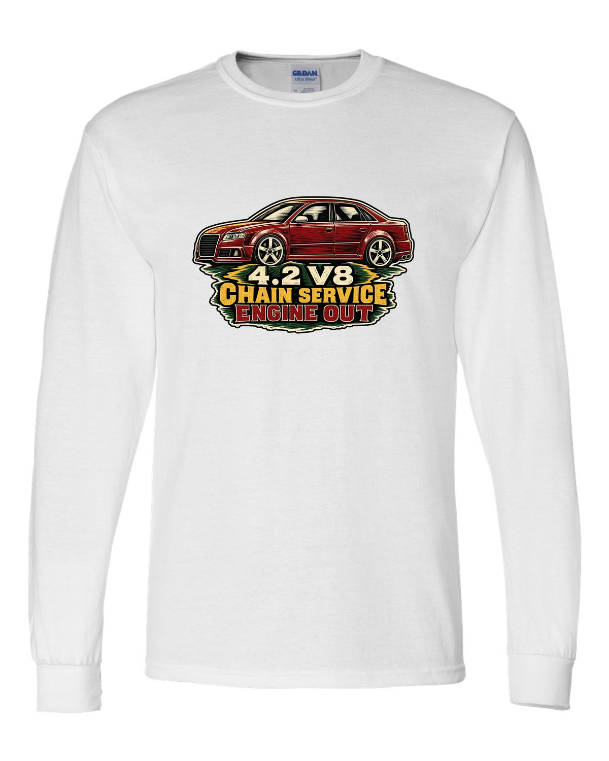 Linocut style print of an Audi S4 B7 sedan with 4.2 V8 chain service text white long sleeve front view with the design