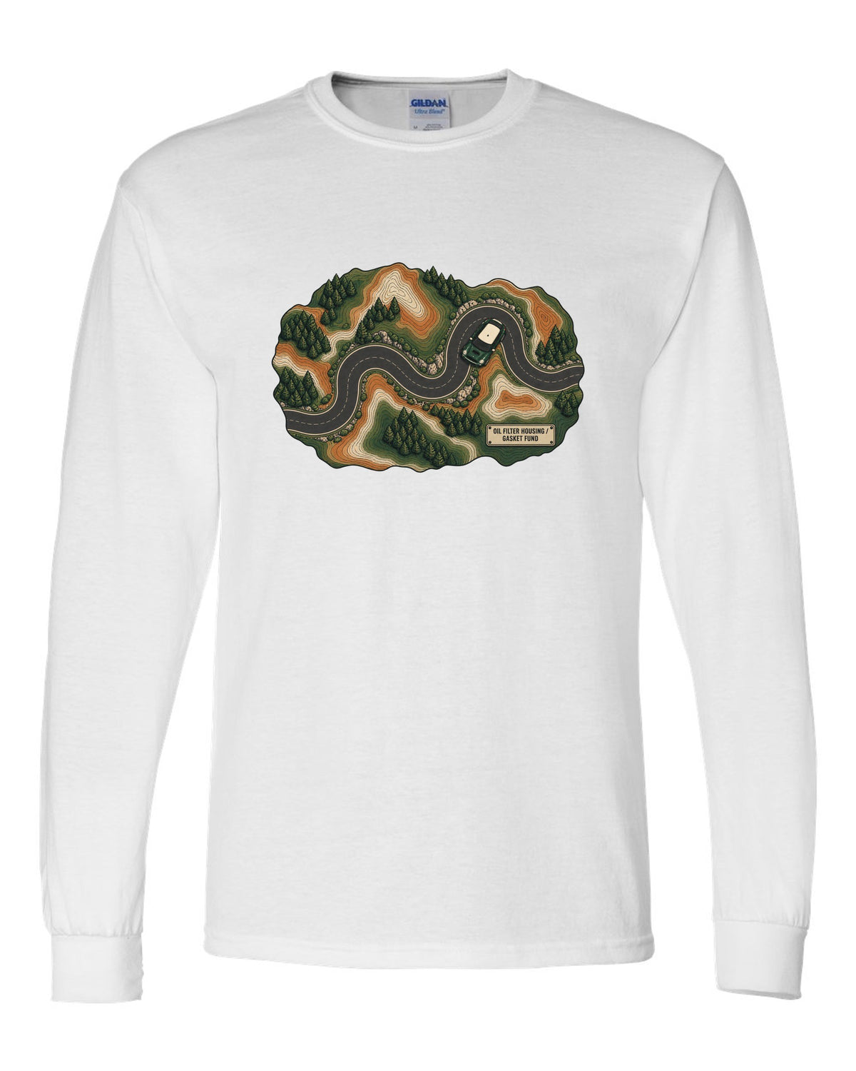 Topographic route map design of a Mini Cooper S R56 with gasket fund text white long sleeve front view with the design