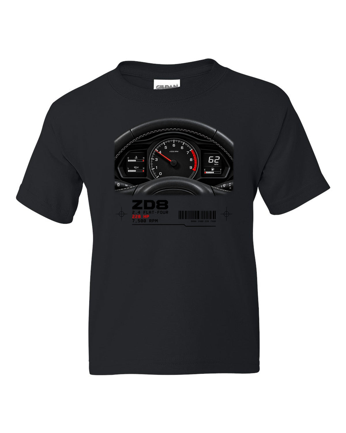 Cockpit gauge cluster print for the Subaru BRZ ZD8 with 2.4 flat-four, 228 HP and 7,500 RPM text black kids tee front view with the design