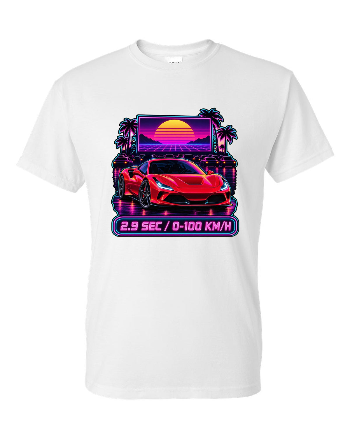 Synthwave outrun drive-in scene with Ferrari F8 Tributo and 2.9 sec text white t-shirt front view with the design