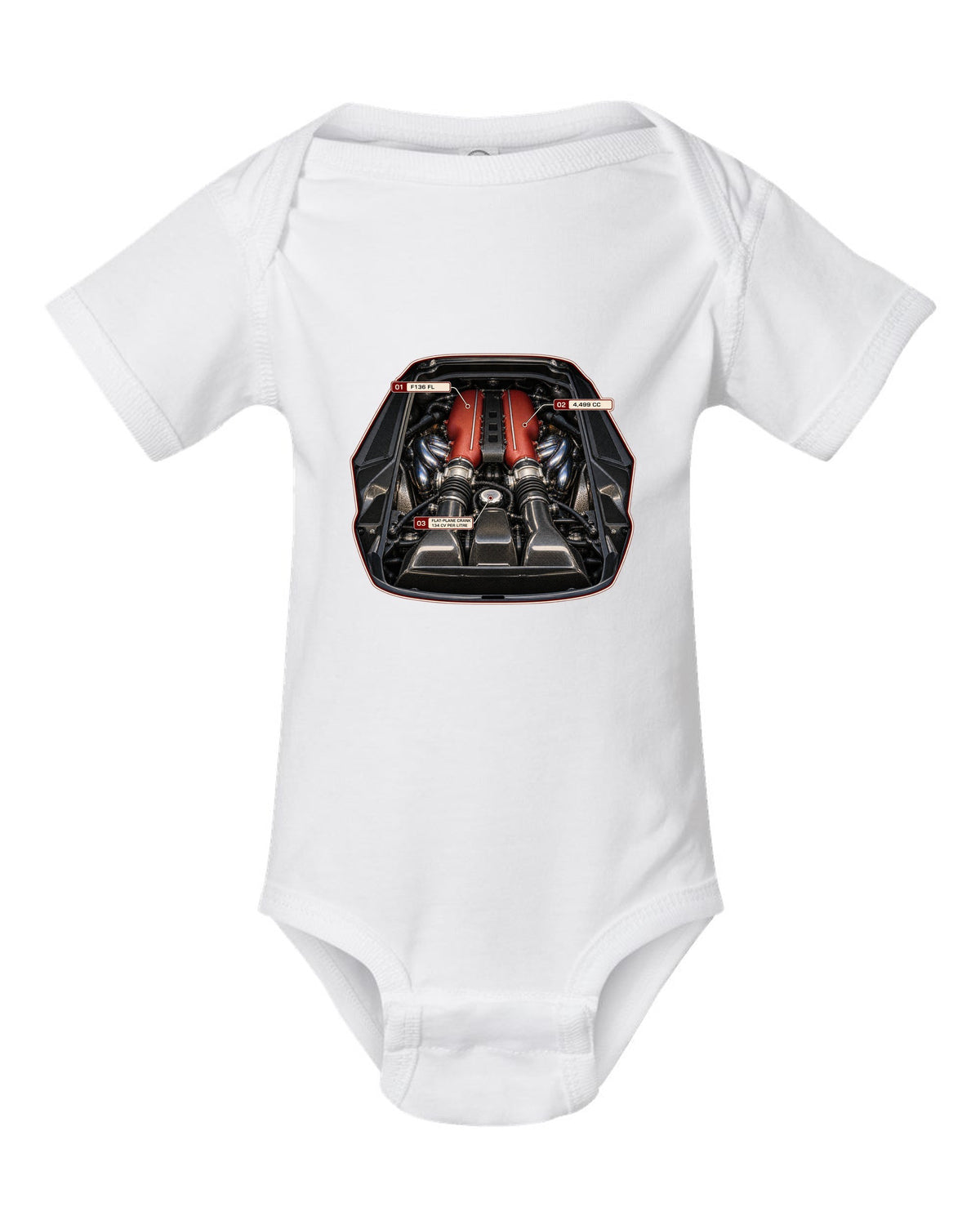 Engine bay print of the Ferrari 458 Speciale F136 FL V8 white baby onesie front view with the design