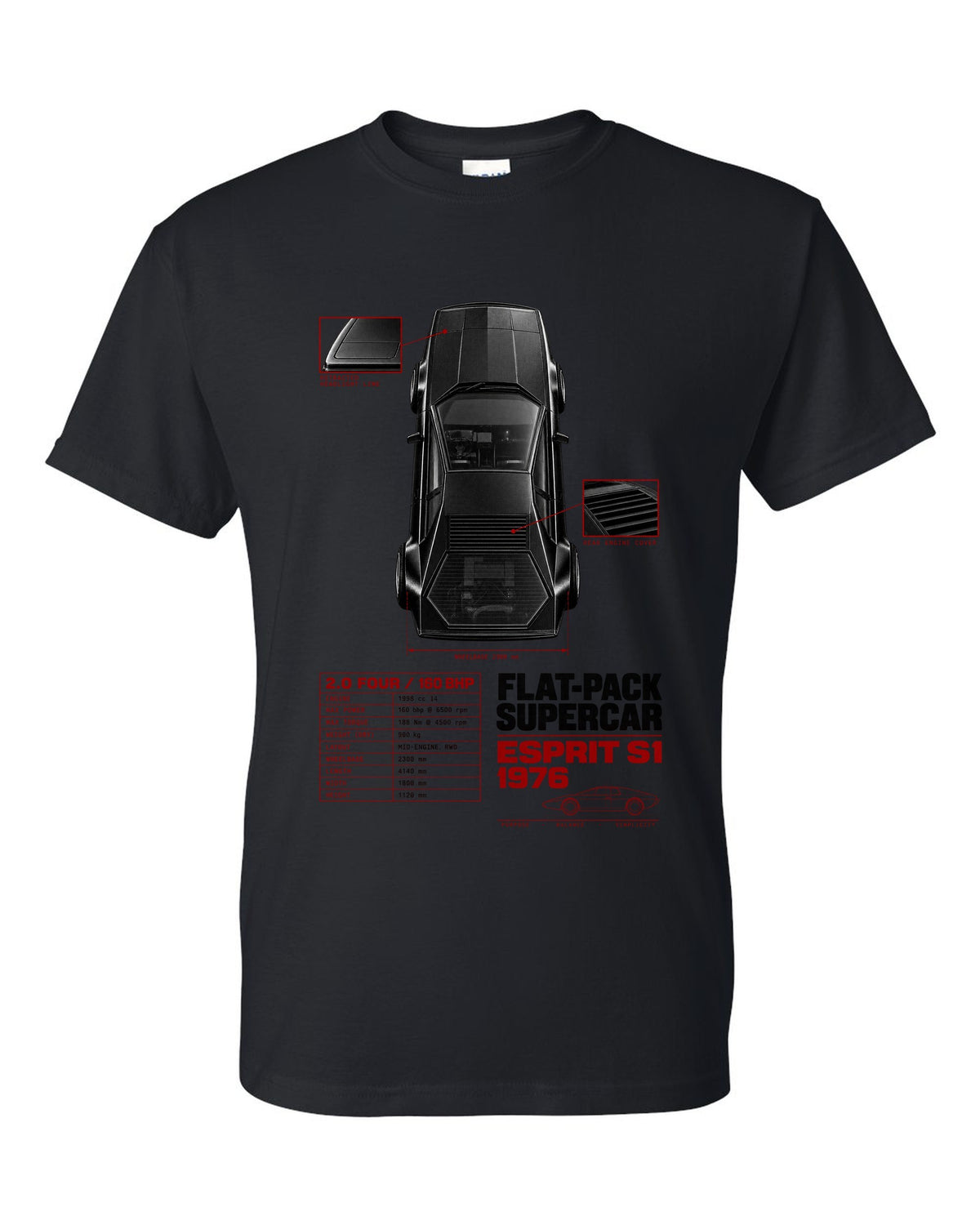 Lotus Esprit S1 top-down spec poster with 2.0 four and 160 bhp black t-shirt front view with the design