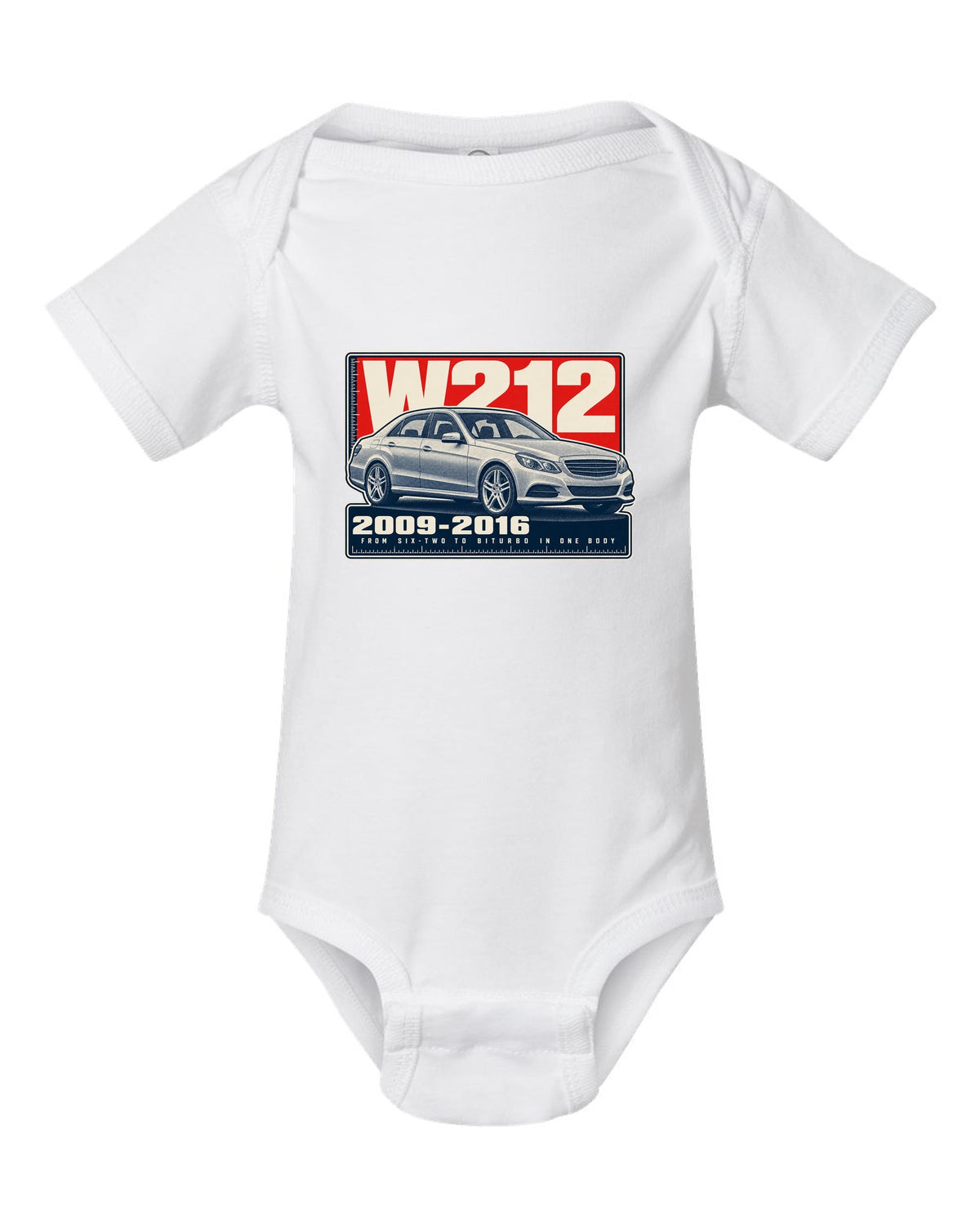 Halftone print of a Mercedes-AMG E63 W212 sedan white baby onesie front view with the design