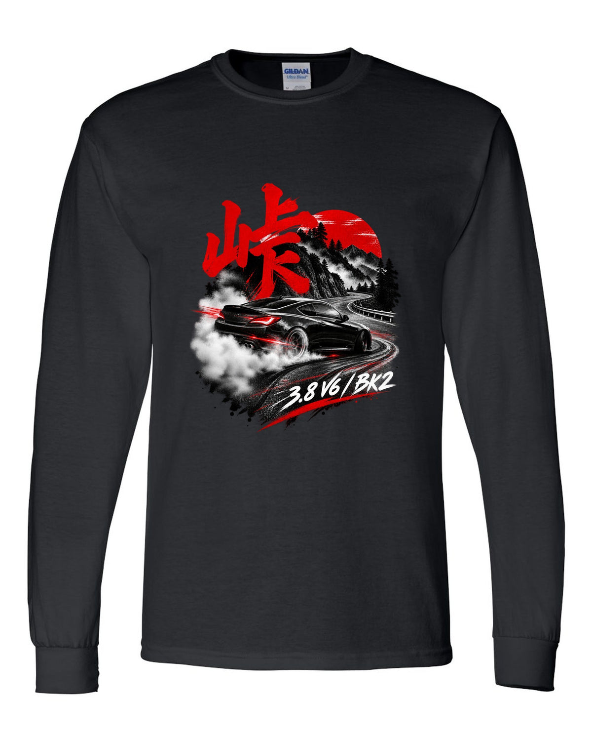Hyundai Genesis Coupe BK2 on a mountain pass at night with kanji touge text black long sleeve front view with the design