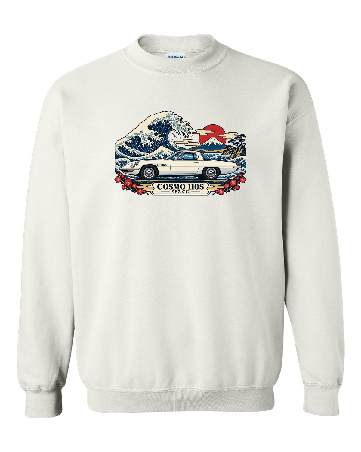 Ukiyo-e woodblock illustration of the Mazda Cosmo Sport 110S with a wave and 982 CC lettering white crewneck front view with the design
