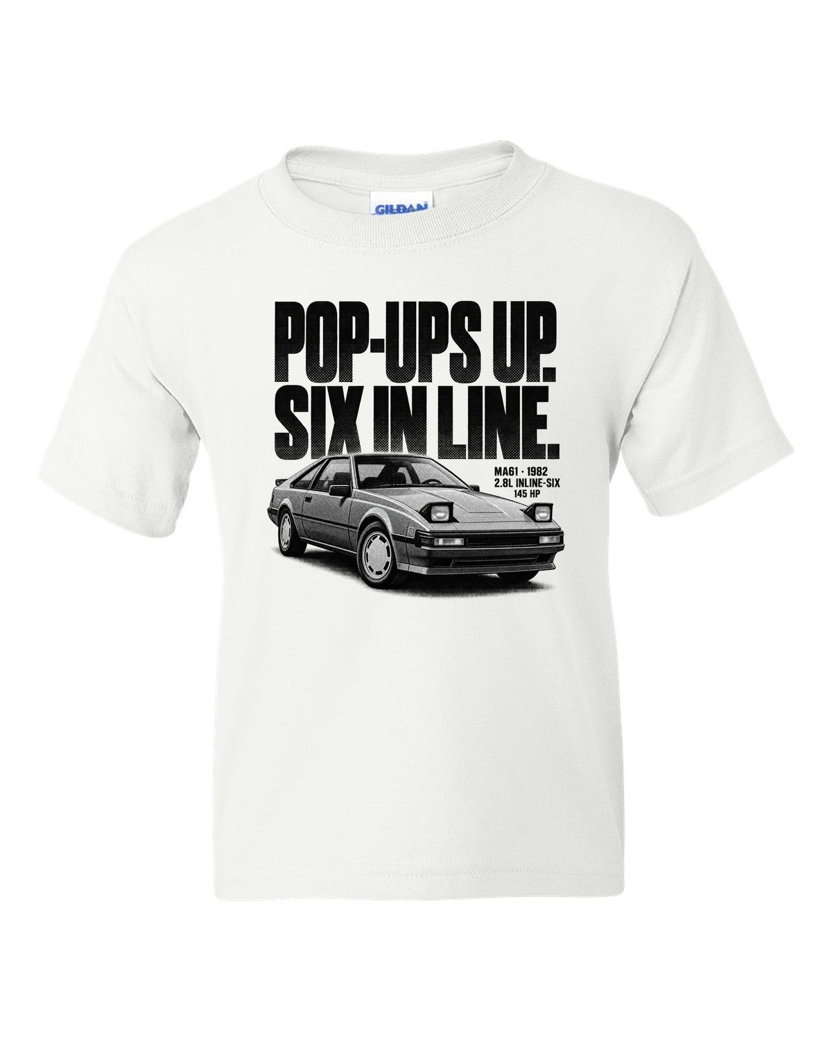Halftone print of a Toyota Supra A60 MA61 wedge with the text Pop-Ups Up Six In Line white kids tee front view with the design