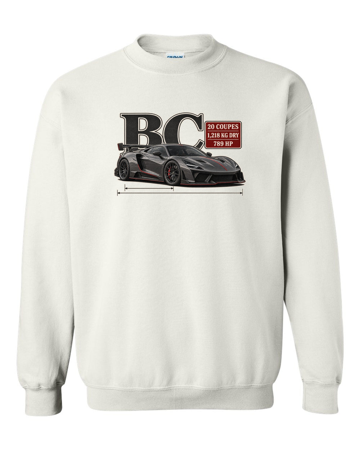 Archive panel print of the Pagani Huayra BC with the text BC, 20 coupes, 1,218 kg dry, 789 hp white crewneck front view with the design