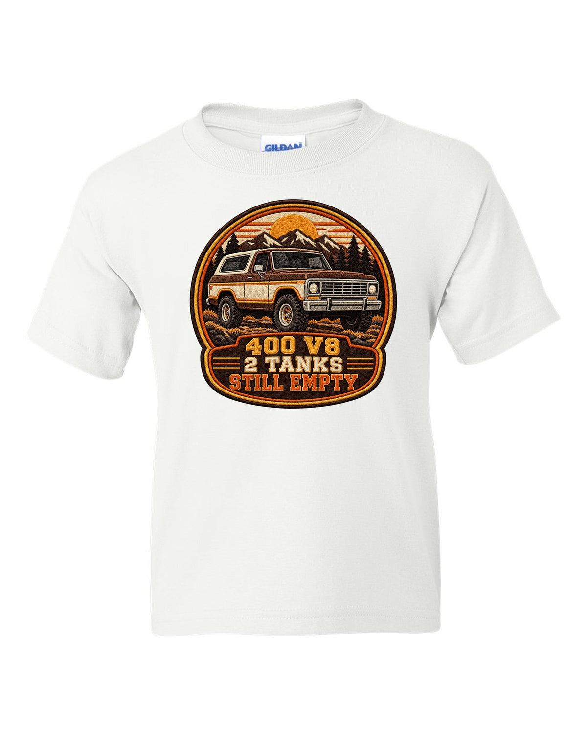 Varsity crest print for a 1978-79 full-size Ford Bronco with 400 V8 and two tanks text white kids tee front view with the design