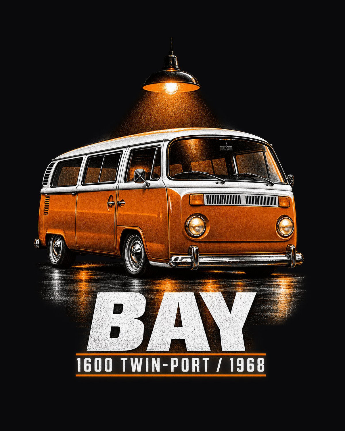 VW Bus T2 Bay Window Type 2 1968 Garage Night Tee, 1600 Twin-Port design only