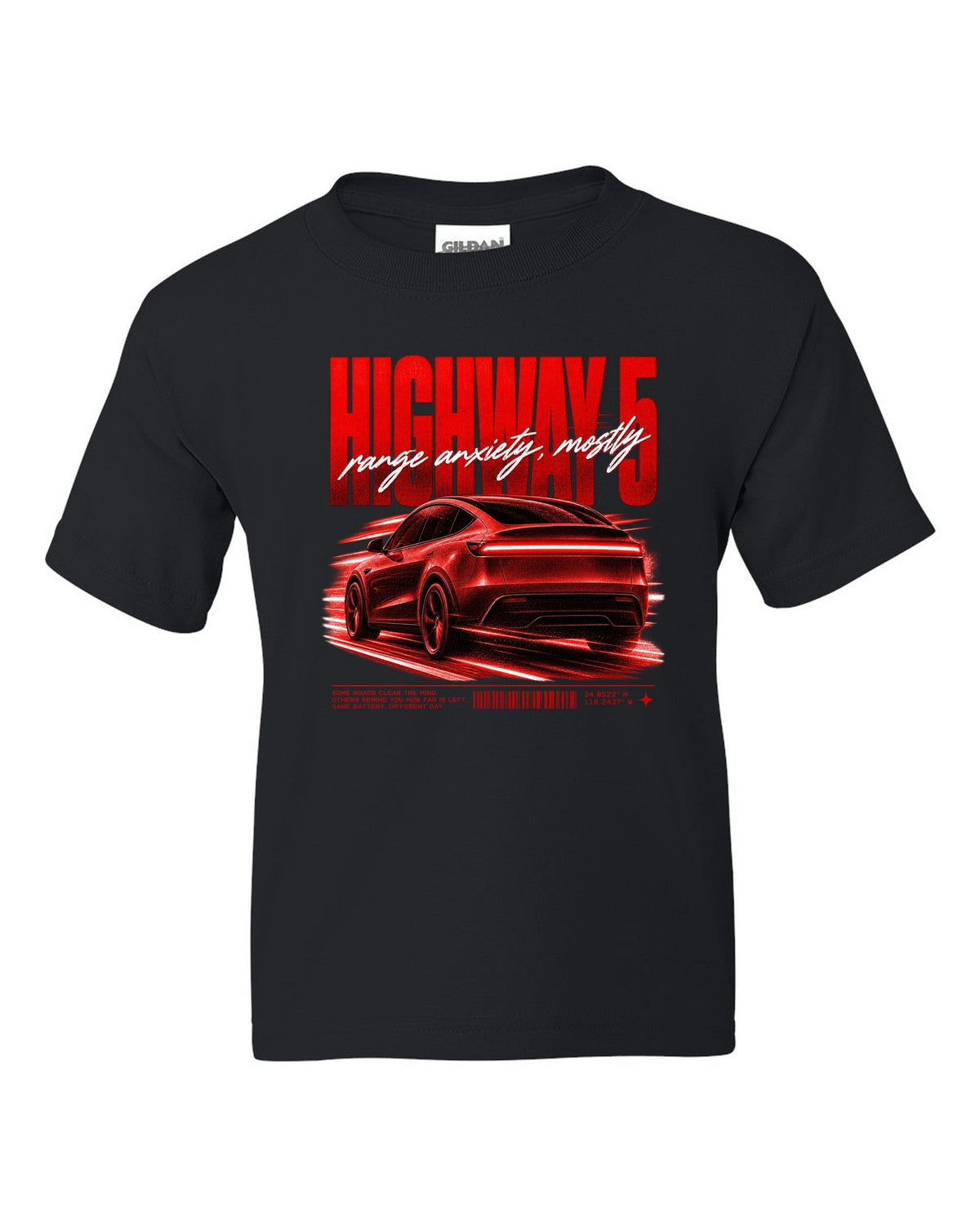Tesla Model Y Juniper rear three-quarter in motion street poster reading Highway 5 black kids tee front view with the design