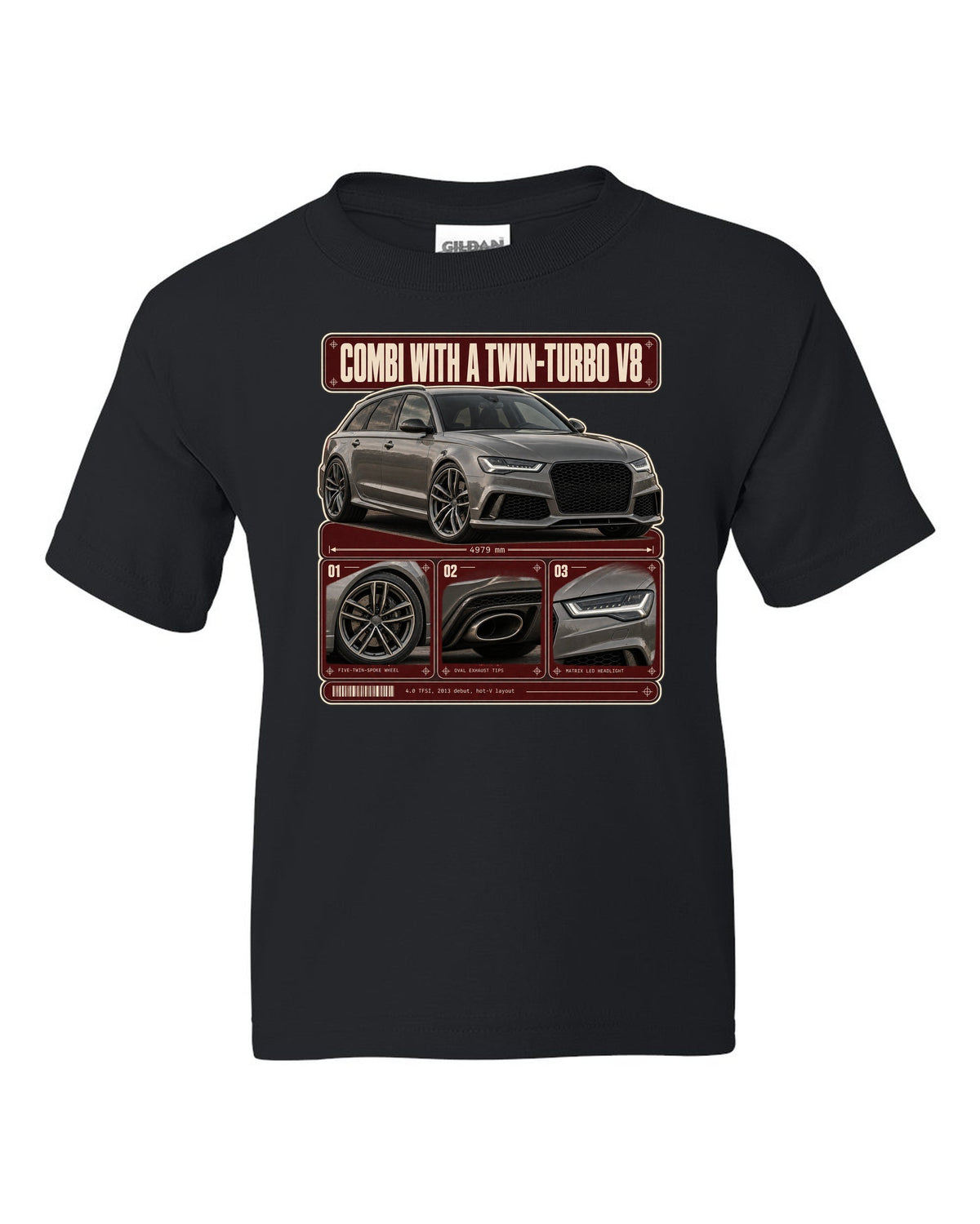 Audi RS6 Avant C7 warm grey dossier panels print black kids tee front view with the design