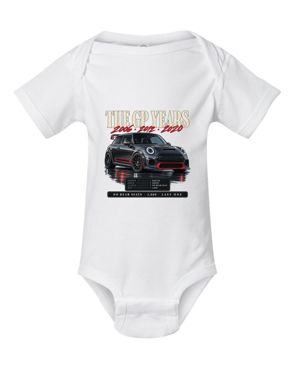 Archive panel print of a Mini Cooper JCW GP F56 with the years 2006, 2012 and 2020 white baby onesie front view with the design