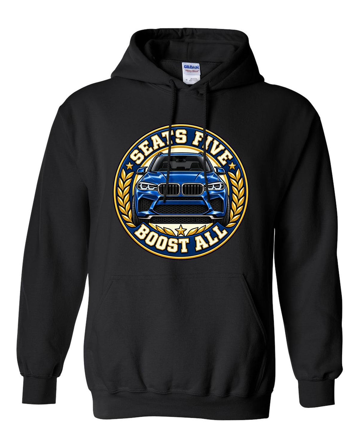 Embroidery-style varsity crest print for the BMW X5 M F85 black pull over hoodie front view with the design