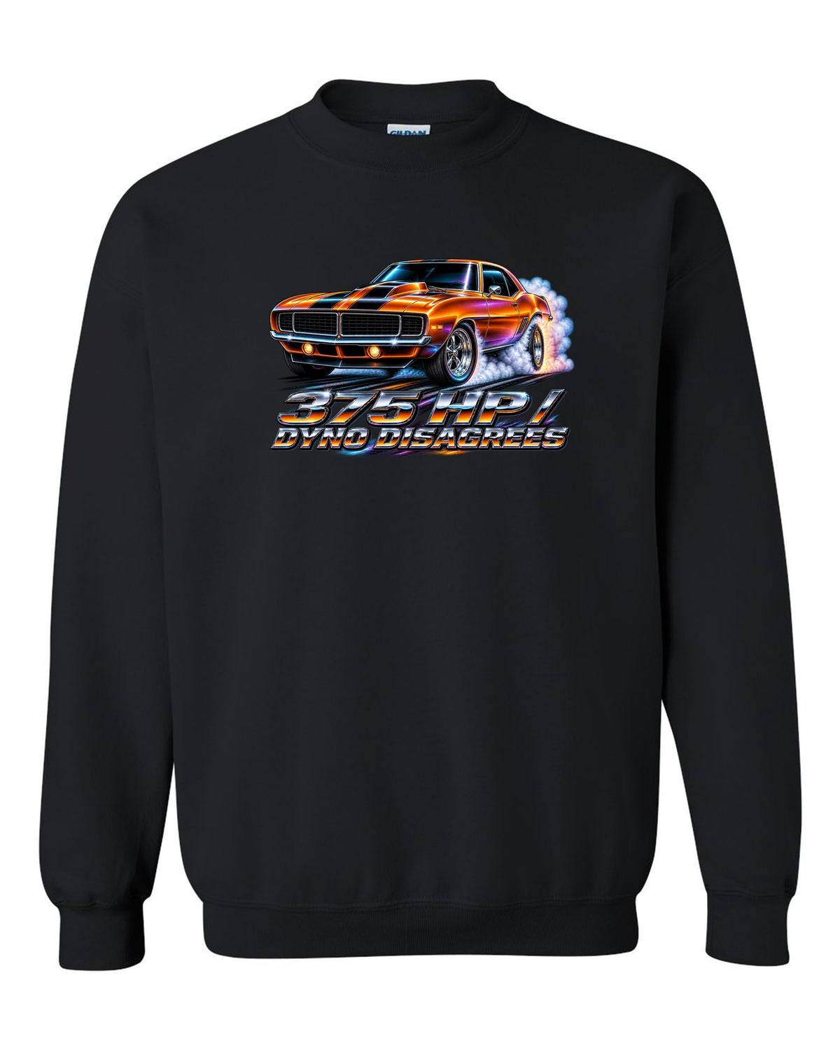 1969 Camaro SS 396 doing a burnout in 80s airbrush chrome style with text 375 HP Dyno Disagrees black crewneck front view with the design