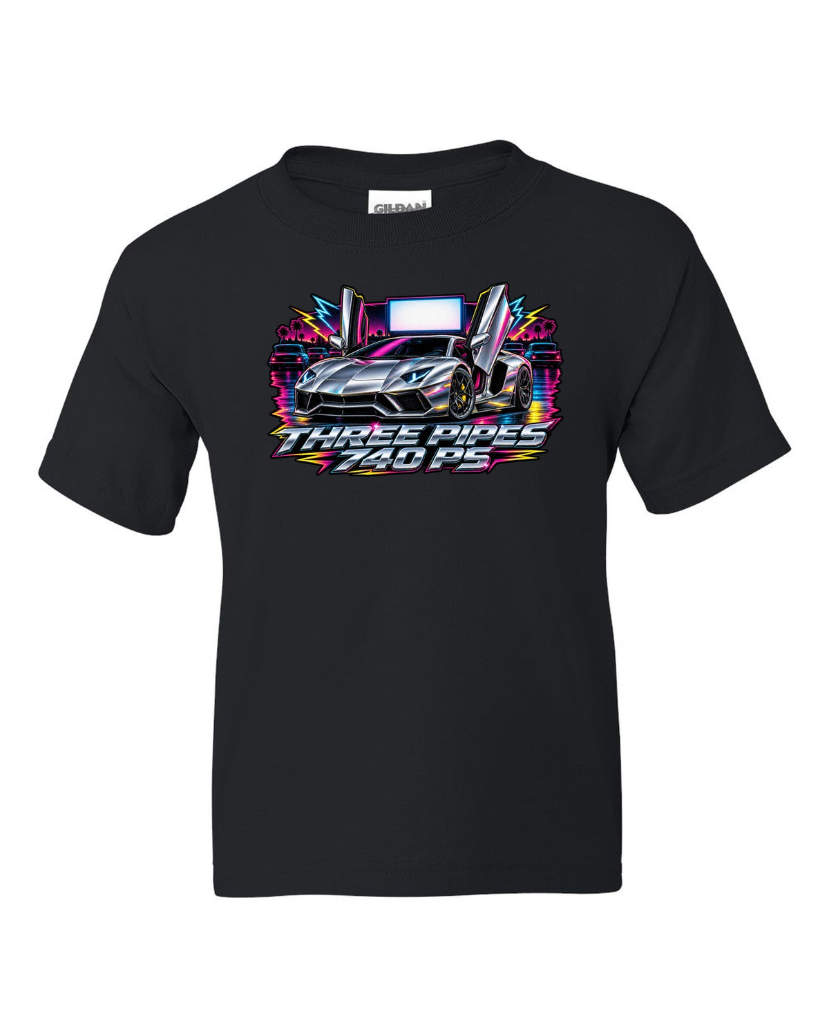 80s airbrush chrome Lamborghini Aventador S LP740-4 with the text THREE PIPES / 740 PS black kids tee front view with the design