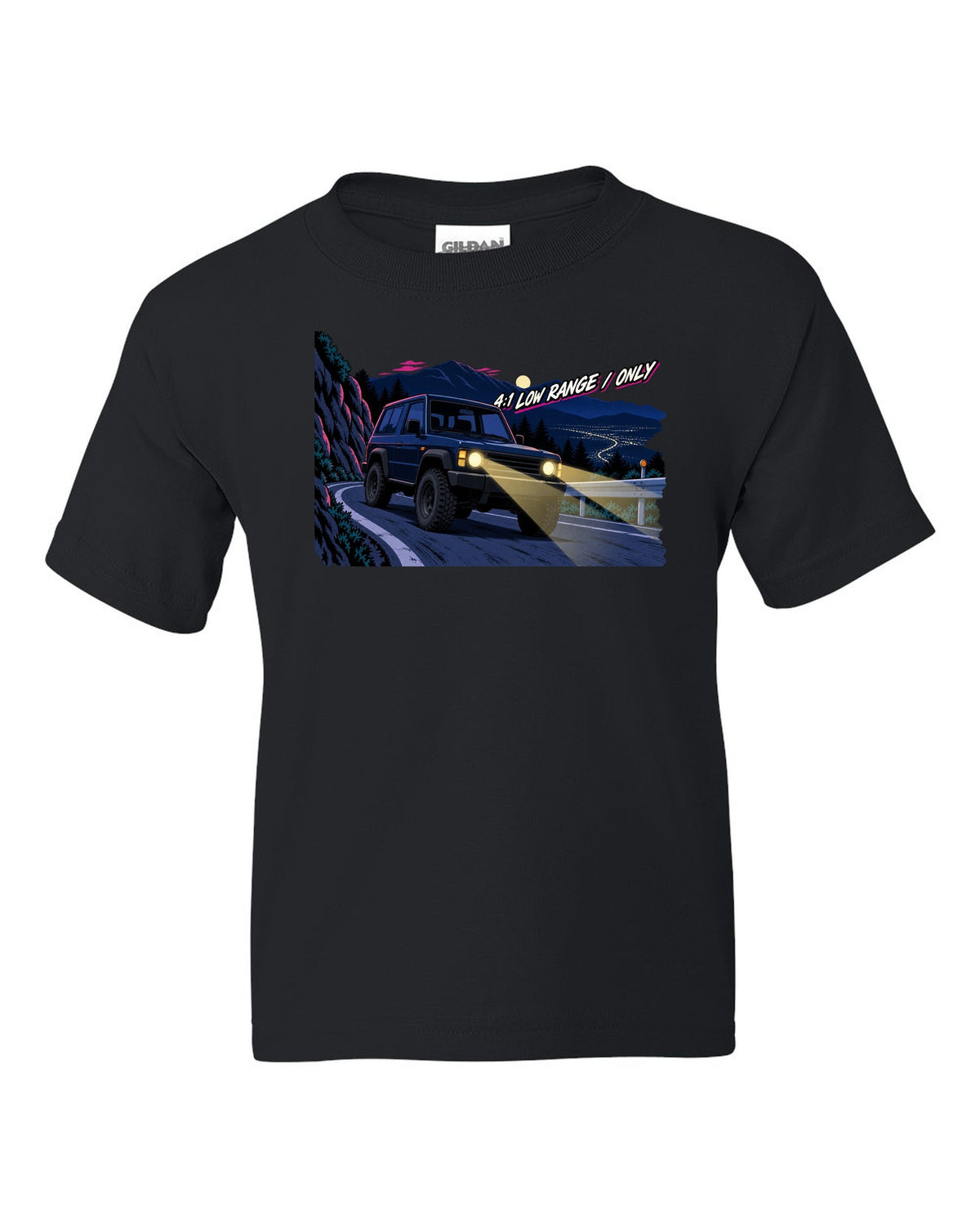 Jeep Wrangler JLU cel-shaded 90s anime night mountain pass with 4:1 low range only text black kids tee front view with the design