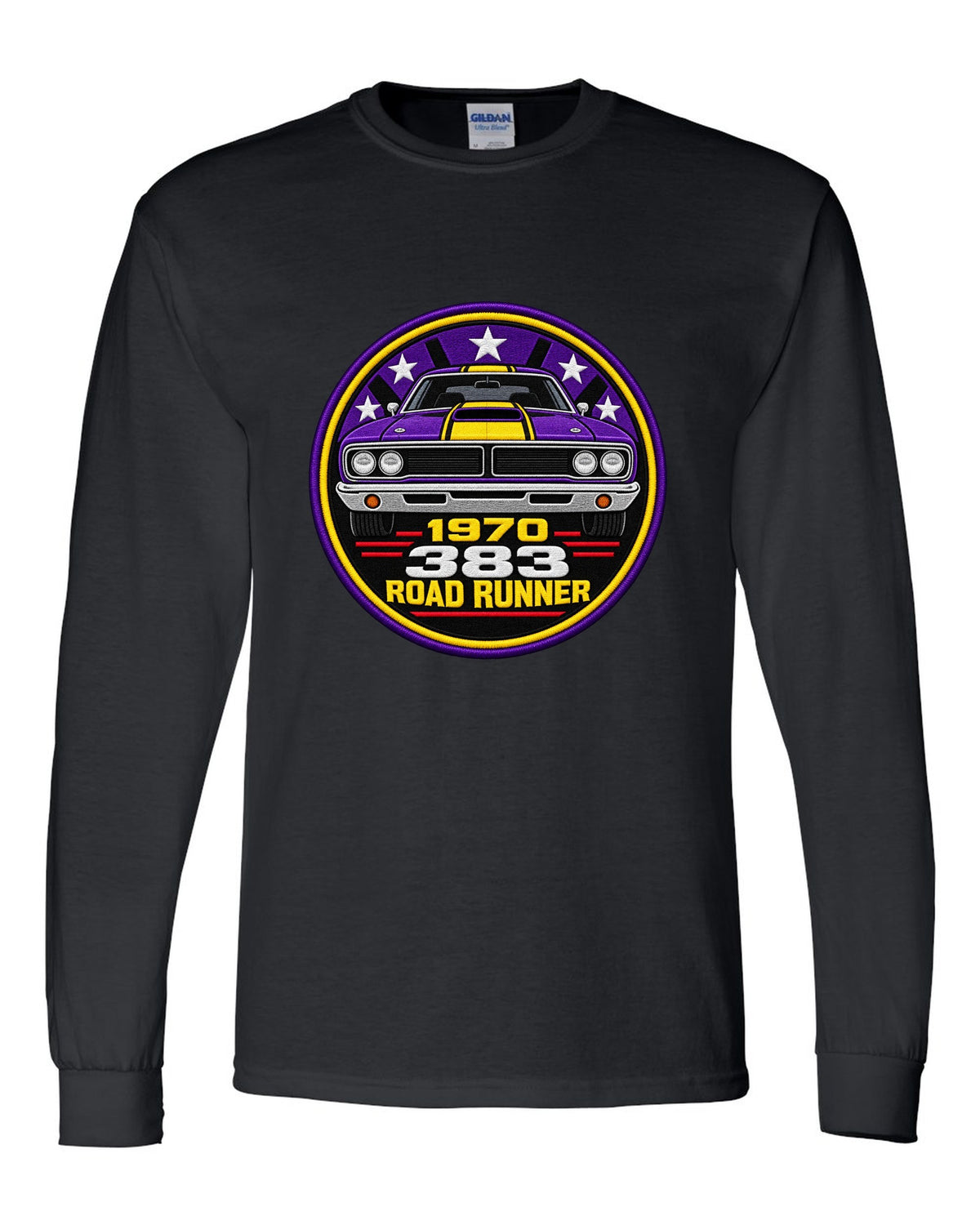 Original round crest print for a 1970 Plymouth Road Runner with 383 lettering black long sleeve front view with the design