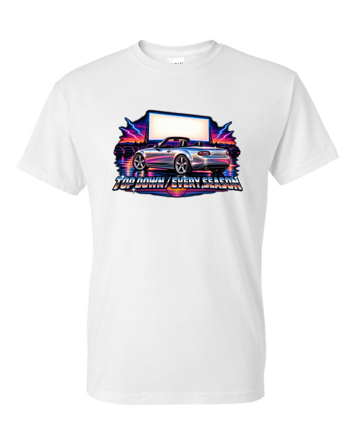 Eighties airbrush chrome print of a Mazda MX-5 NC with the text Top Down Every Season white t-shirt front view with the design
