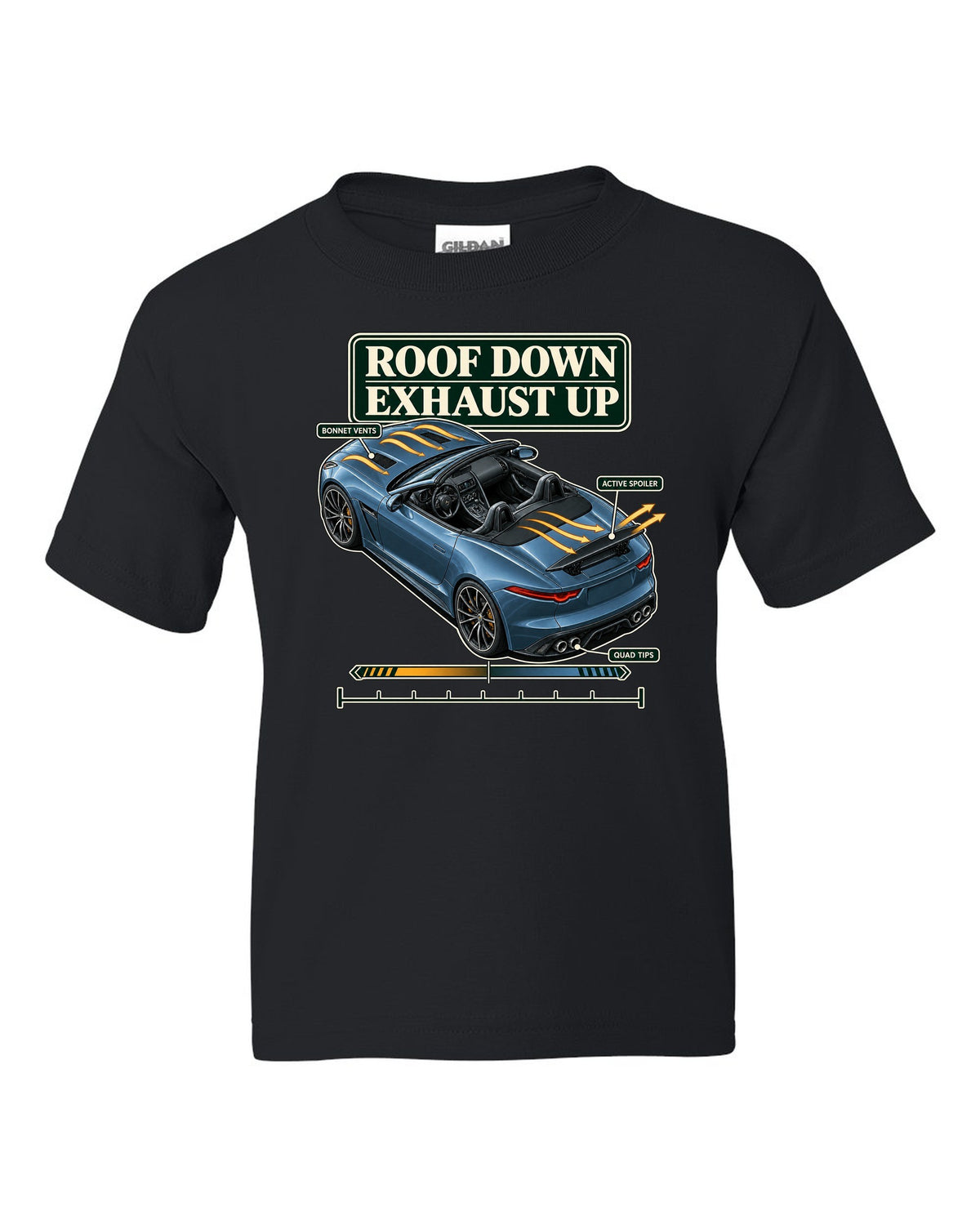 Aero cutaway callout print of the Jaguar F-Type R Convertible with roof down exhaust up text black kids tee front view with the design