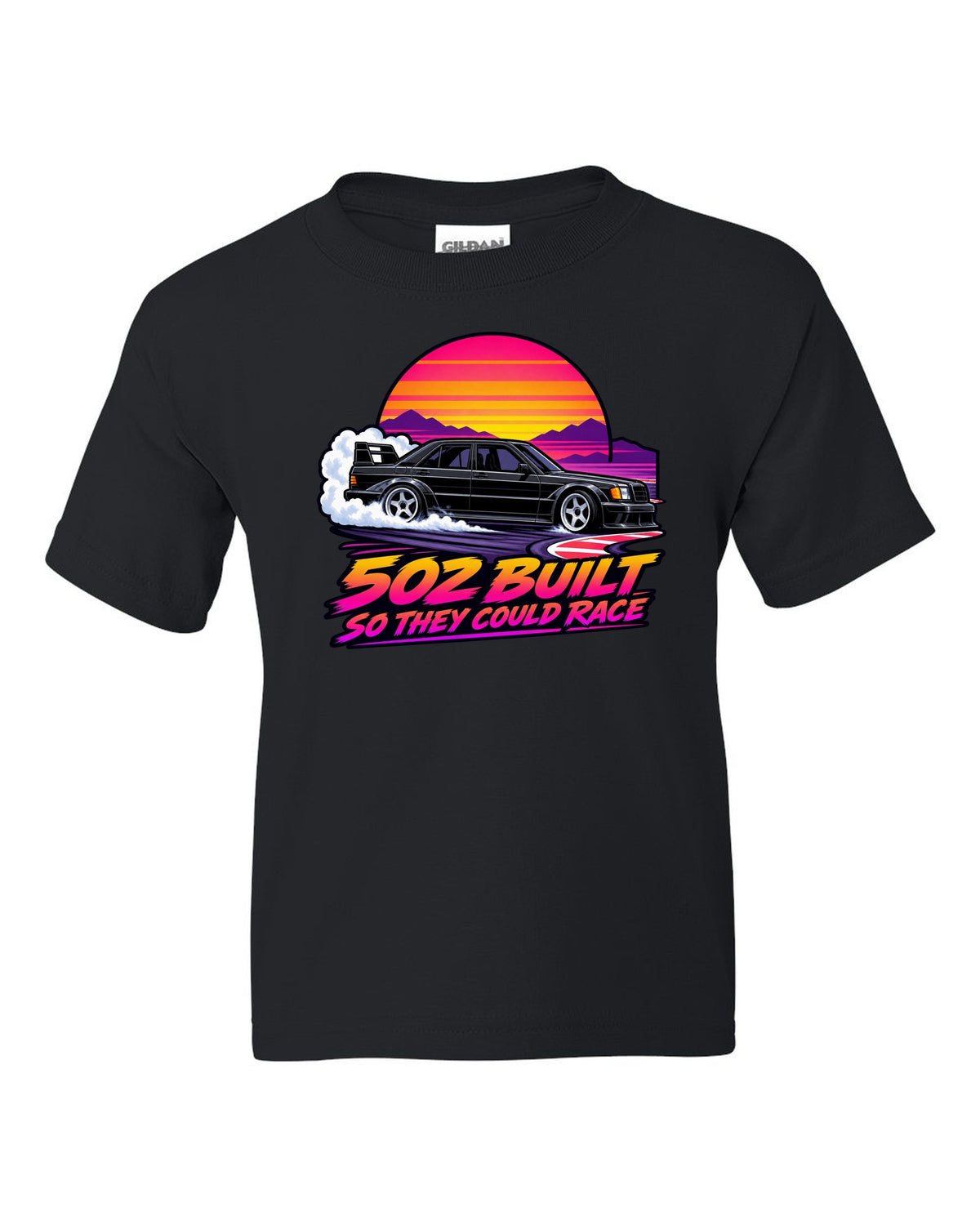 Flat vector eighties sunset gradient print of a Mercedes-Benz 190E Evo II W201 sliding through a chicane black kids tee front view with the design