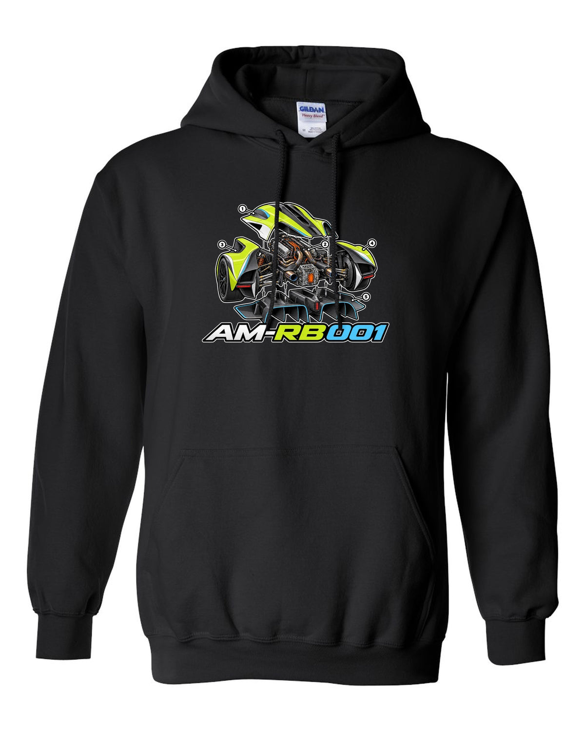 Aston Martin Valkyrie exploded isometric cutaway labelled AM-RB 001 black pull over hoodie front view with the design