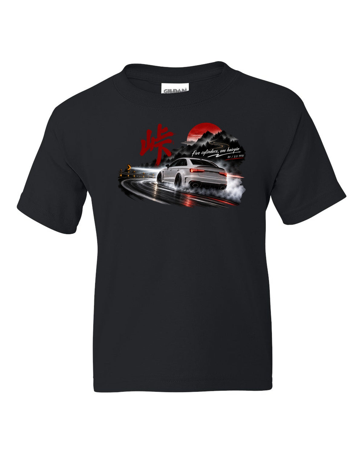Audi RS3 8V sedan rear three-quarter sliding at night with touge kanji black kids tee front view with the design