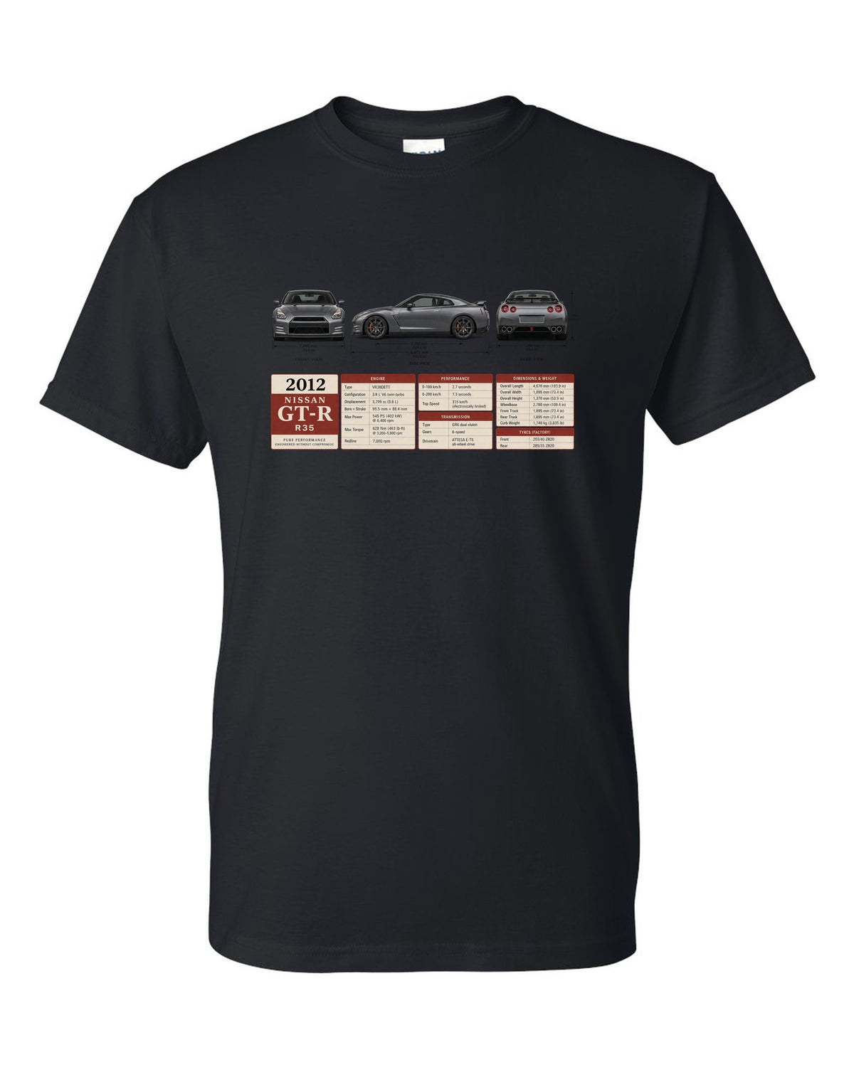 Three-view drawing and spec table of a 2012 Nissan GT-R R35 in graphite grey black t-shirt front view with the design