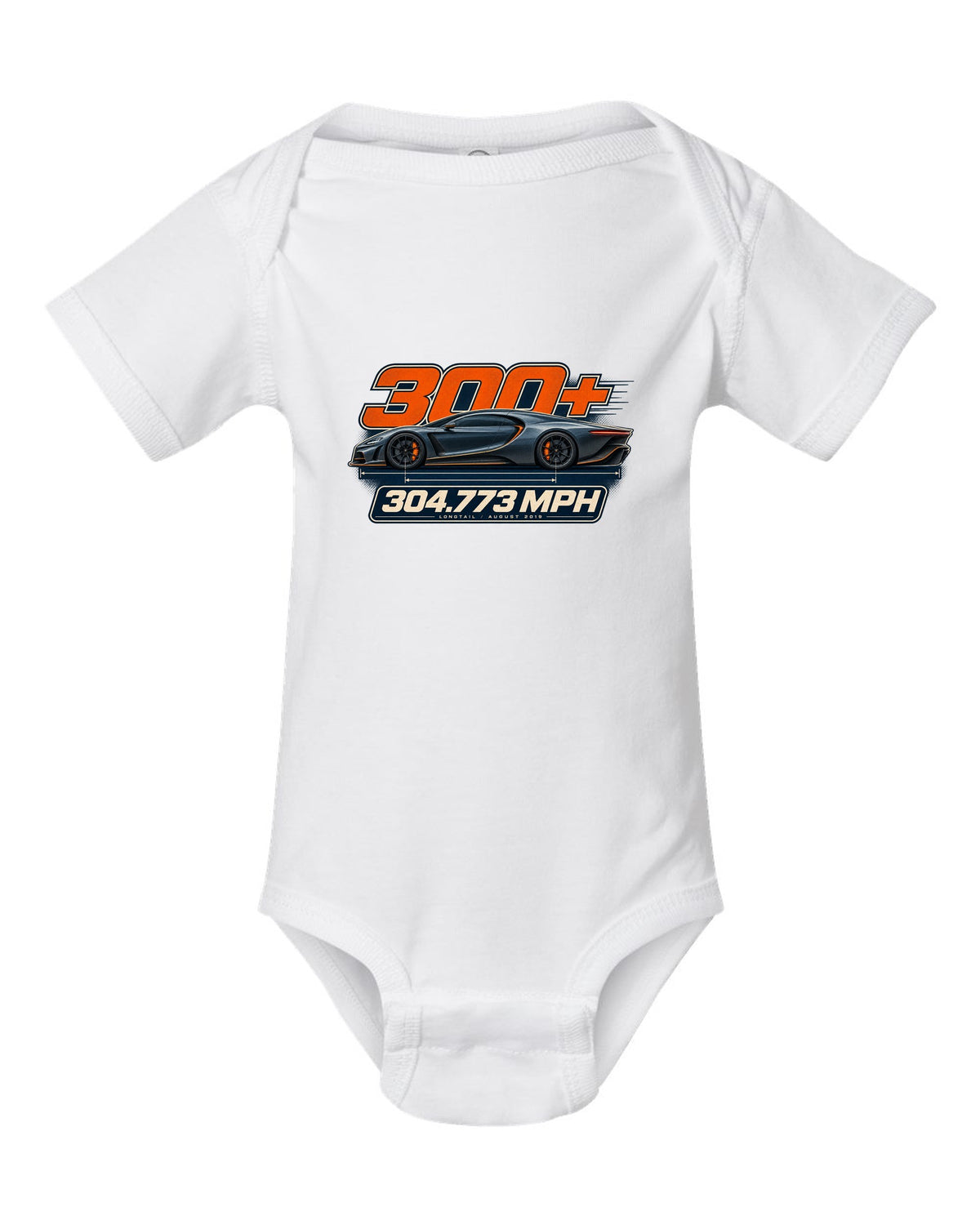 Spec poster of the Bugatti Chiron Super Sport 300+ with 304.773 mph text, print white baby onesie front view with the design