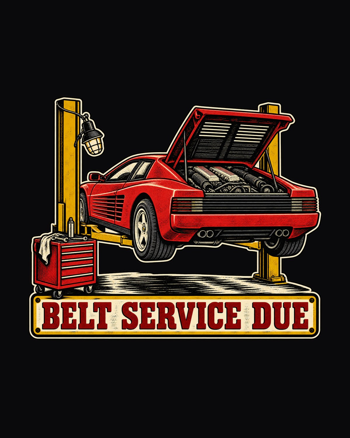 Belt Service Due Linocut Tee, Ferrari Testarossa F110 design only