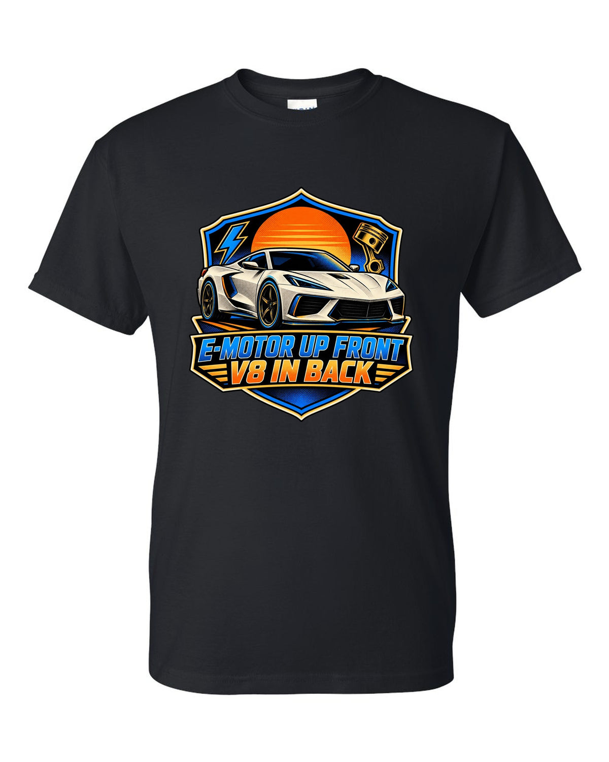 Comic halftone panel of a 2020 C8 Corvette Stingray with e-motor and V8 lettering black t-shirt front view with the design