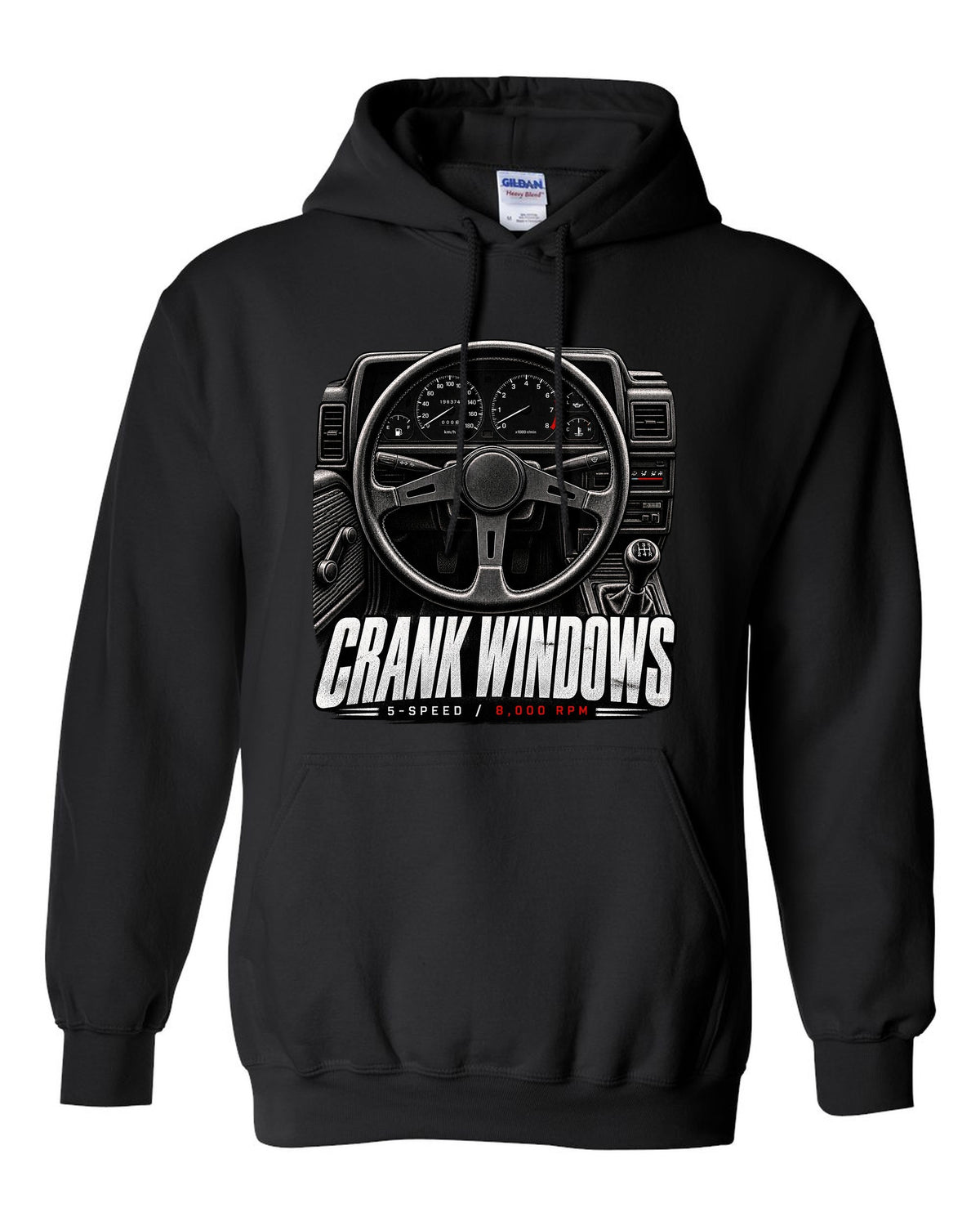 print of a Toyota AE86 interior cockpit with gauges and crank window lettering black pull over hoodie front view with the design