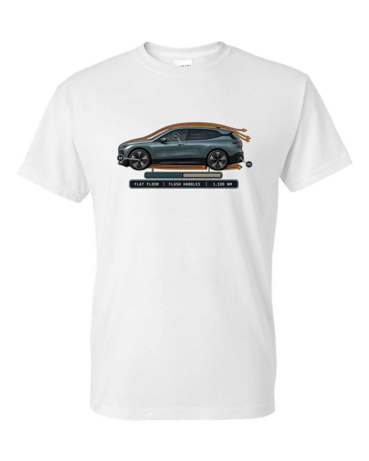 Aero cutaway callout print of the BMW iX M60 I20 with flush handles and flat floor white t-shirt front view with the design