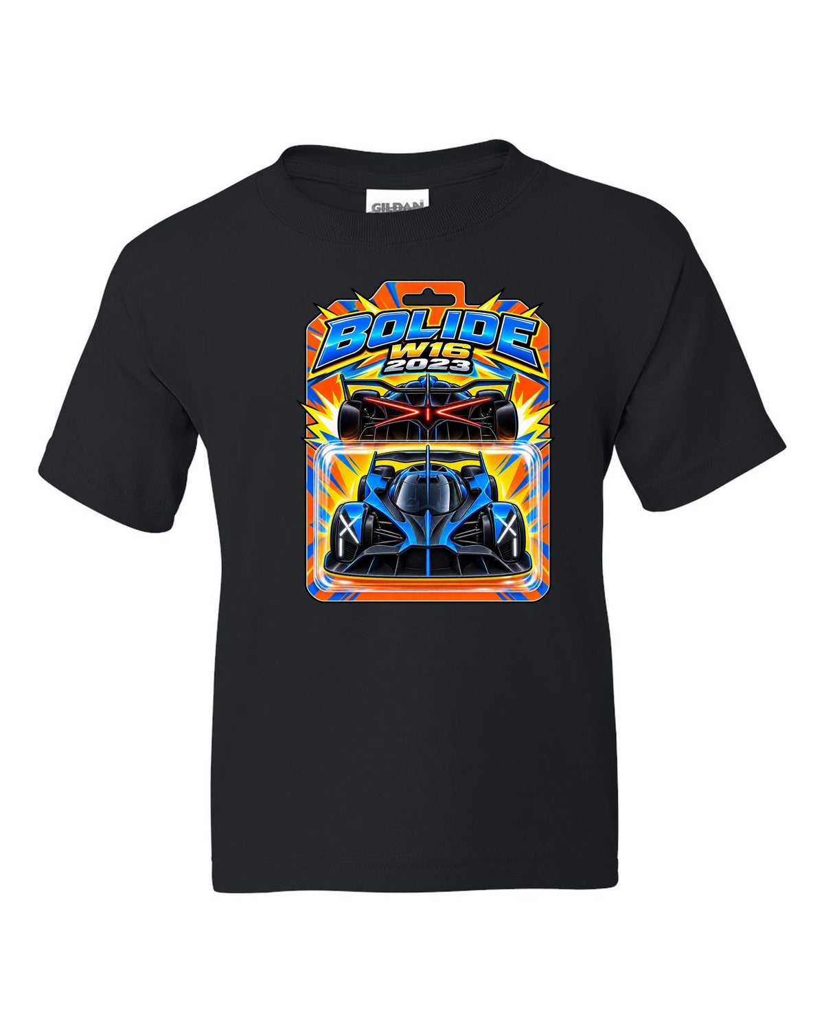 Hot Wheels-style toy blister card illustration of the Bugatti Bolide with BOLIDE W16 2023 lettering black kids tee front view with the design