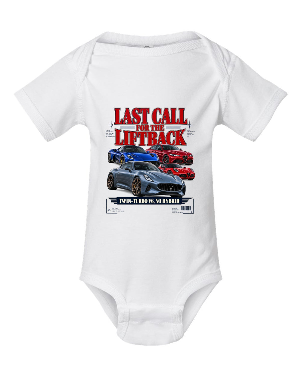 Kia Stinger GT final year editorial headline print white baby onesie front view with the design