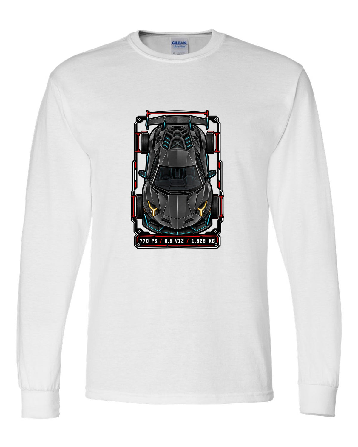 Spec-sheet data plate with a top-down Lamborghini Aventador SVJ LP770-4 and the text 770 PS / 6.5 V12 / 1,525 KG white long sleeve front view with the design