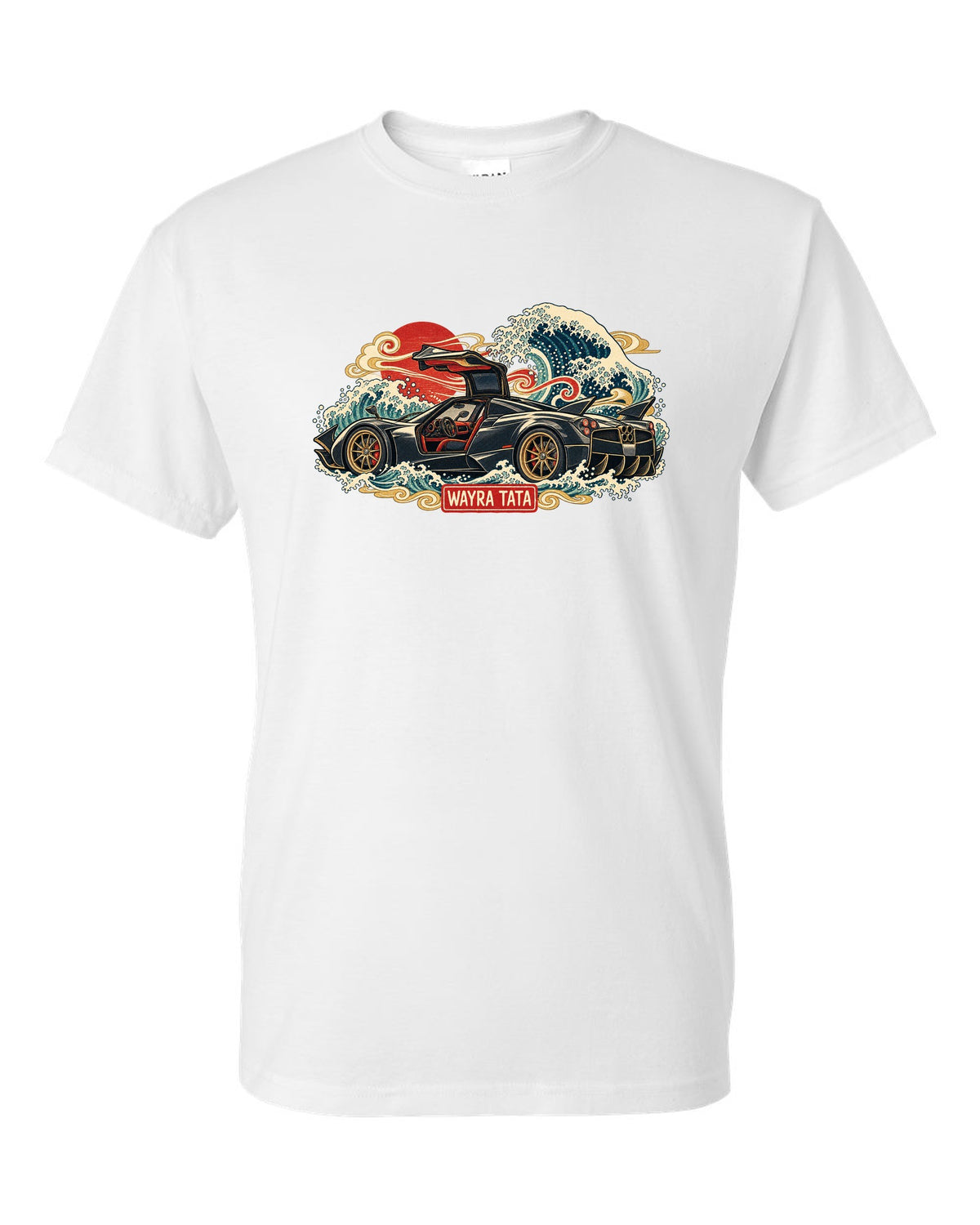 Ukiyo-e woodblock style print of a Pagani Huayra with Wayra Tata lettering white t-shirt front view with the design