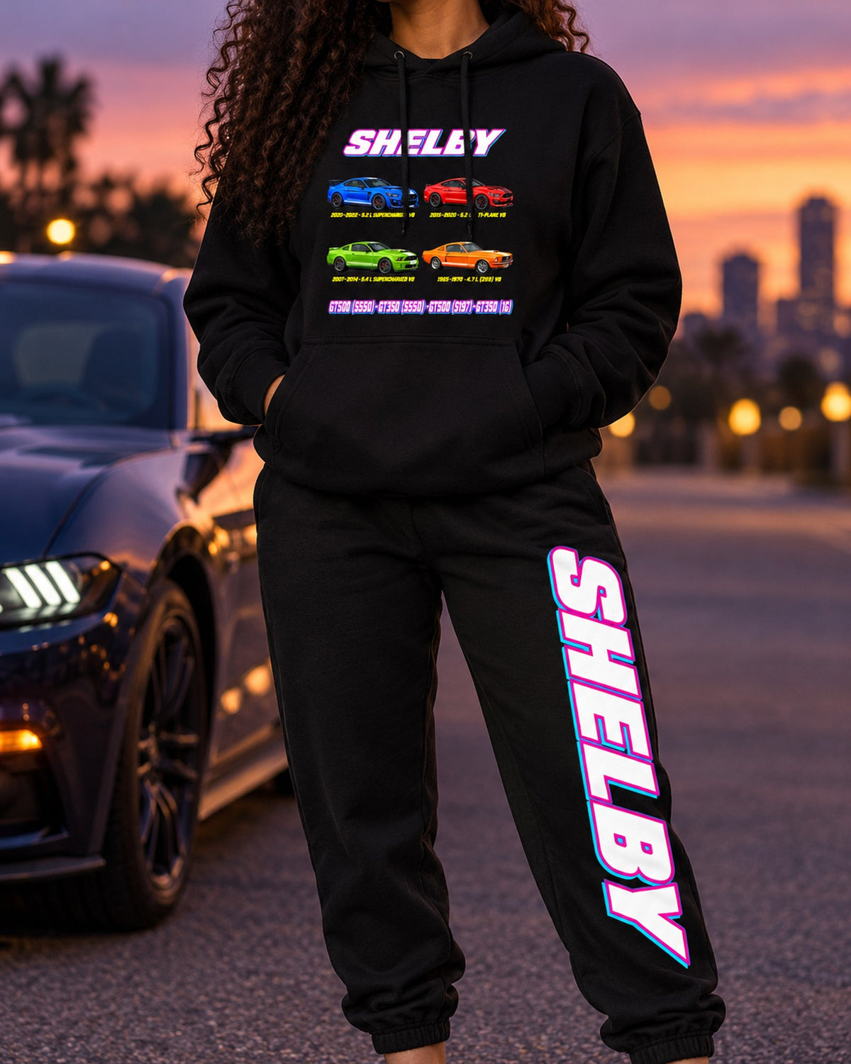 Shelby Mustang Evolution Hoodie + Jogger Set Black worn hero
