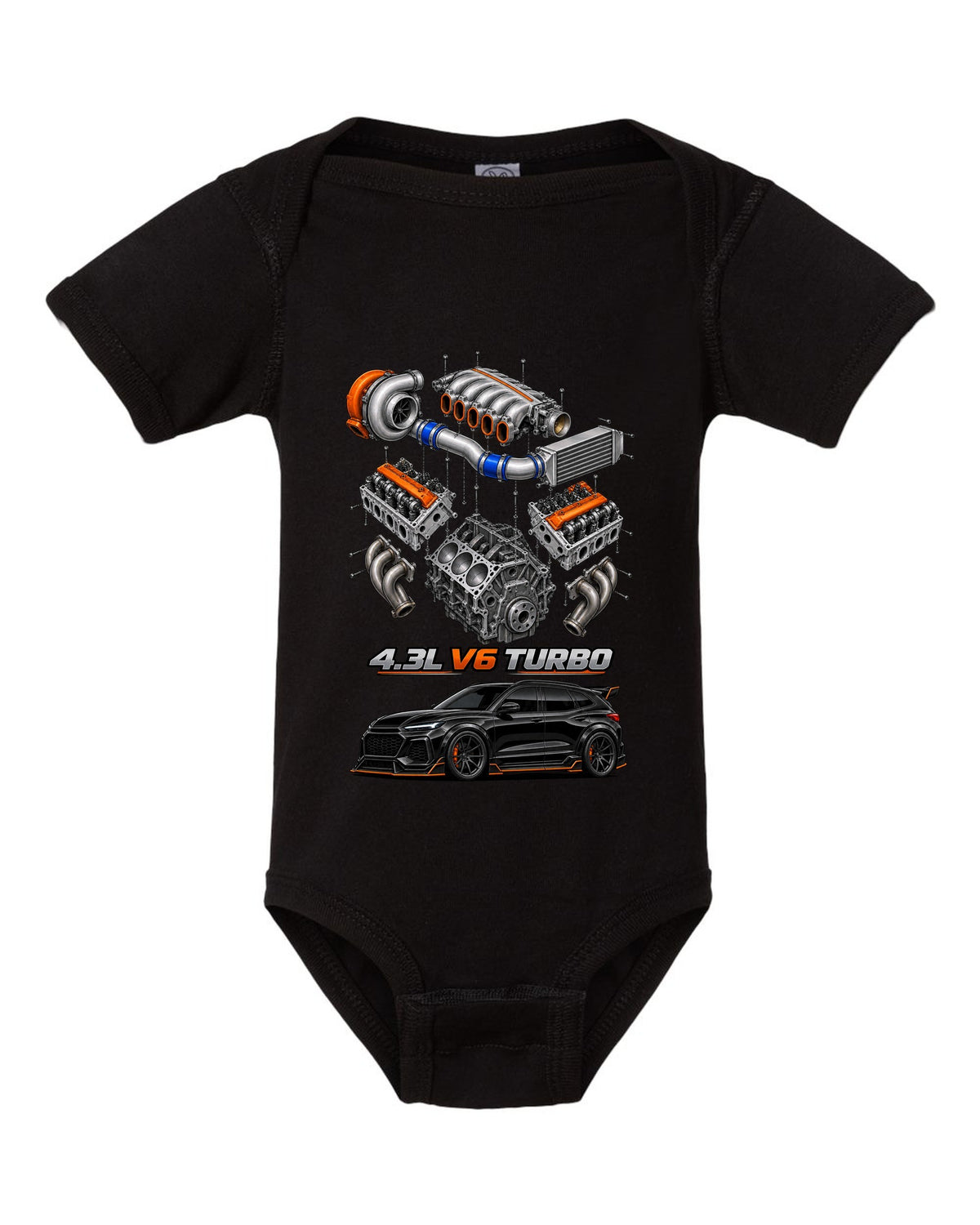 Exploded cutaway drawing of the 4.3L turbo V6 engine in a 1992-93 GMC Typhoon, printed on a shirt back black baby onesie front view with the design