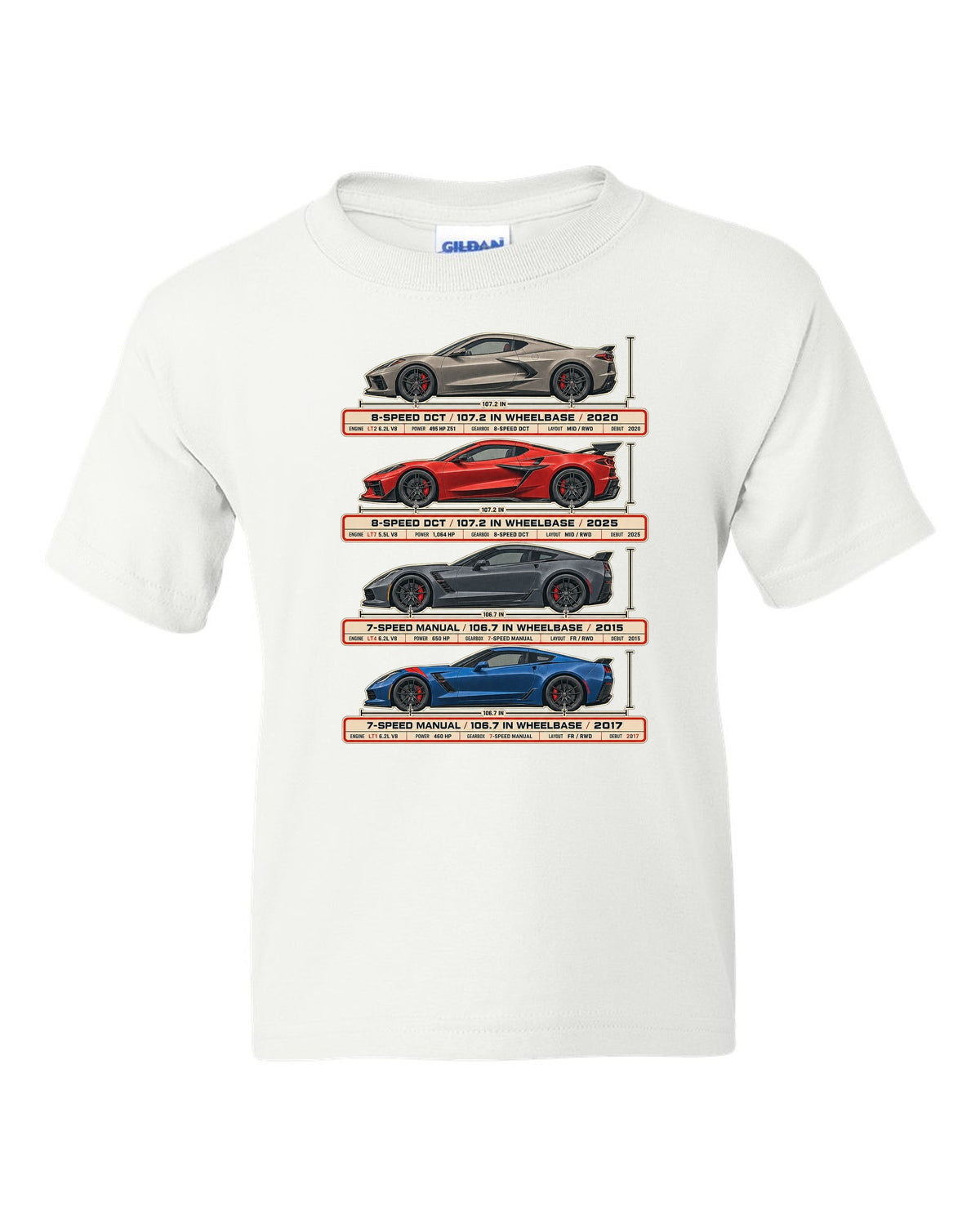 print of a Chevrolet Corvette C8 Stingray spec poster showing DCT and wheelbase figures white kids tee front view with the design
