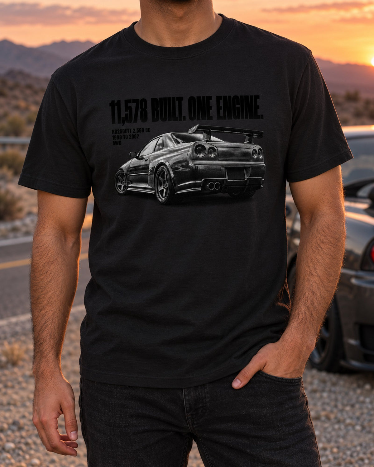 Nissan Skyline GT-R R34 11,578 Built Halftone Rear Shirt T-Shirt Black worn hero