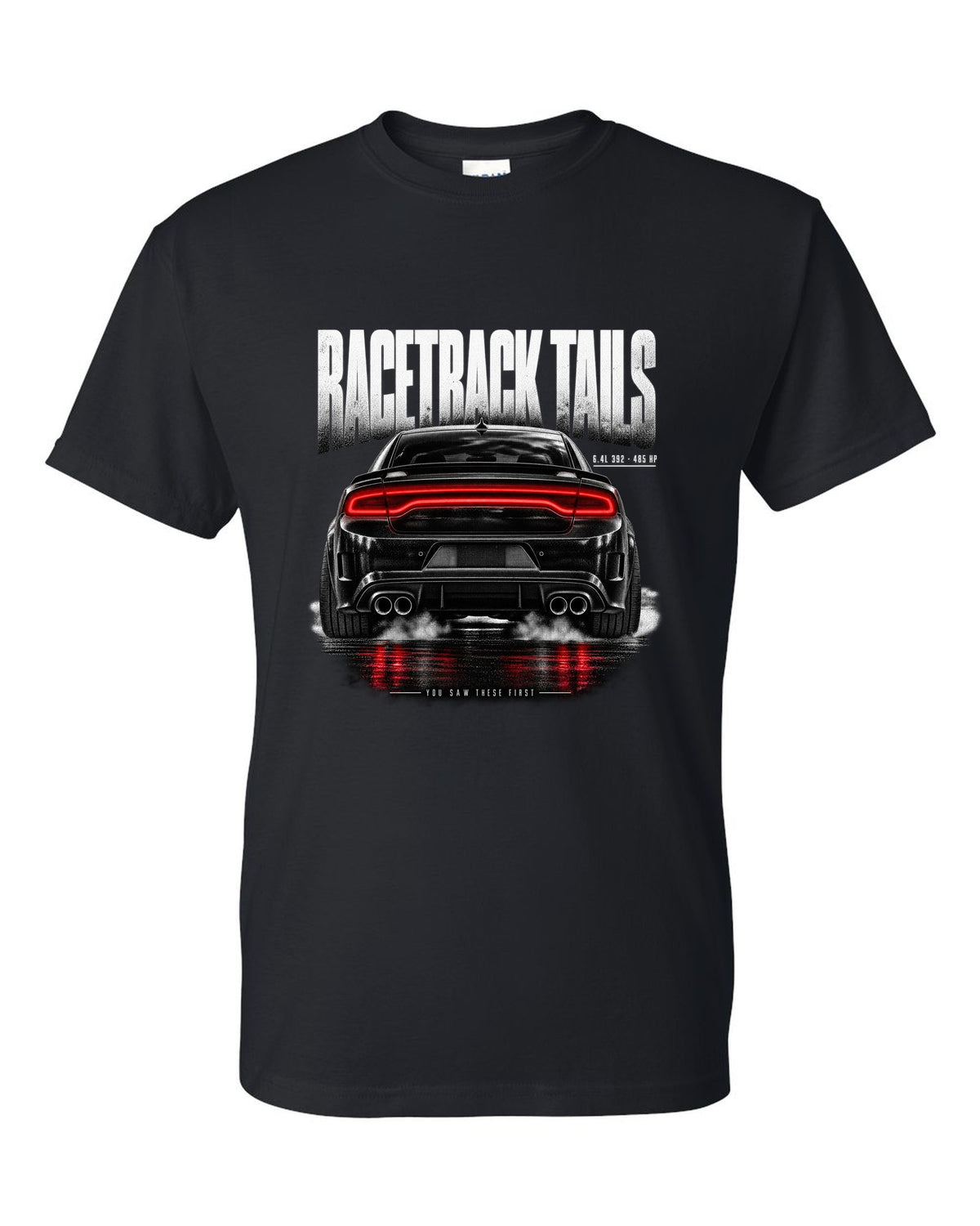 Taillight macro print of a 2016 Dodge Charger Scat Pack LX/LD with 6.4L 392 and 485 HP text black t-shirt front view with the design