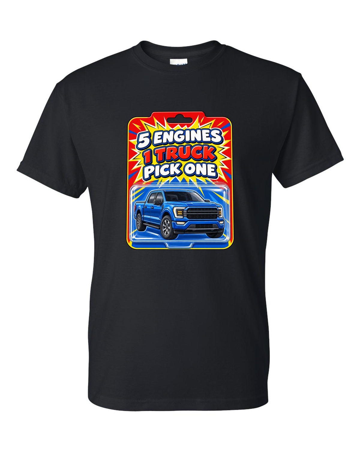 Toy card style print of a 2021 Ford F-150 P702 with five engines one truck text black t-shirt front view with the design