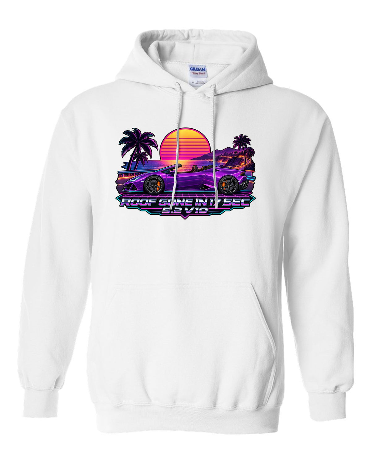 Synthwave outrun sunset grid with a Lamborghini Huracan Spyder LP610-4 and text ROOF GONE IN 17 SEC / 5.2 V10 white pull over hoodie front view with the design